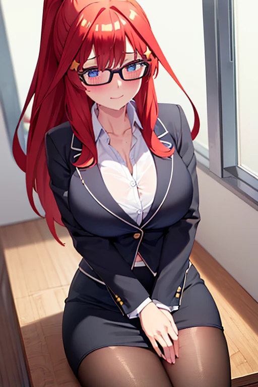 1cjica, soio, cabelos longos, red hair, rabo-de-cavalo, Red glasses, olhos turquesa, toupeira no peito, camisa branca, camisa aberta, purple bra, sedutor, sorridente, boca fechada, maquiagem, saia preta justa, Saia Curta, Salto Preto, seios grandes , Average Waist, quadris largos, coxas largas, Olhando para o Viewer, Pov (de cima), laboratory, chemistry room, Standing, pernas abertas, good lighting, janela iluminada, Sunset, boa anatomia, good hands