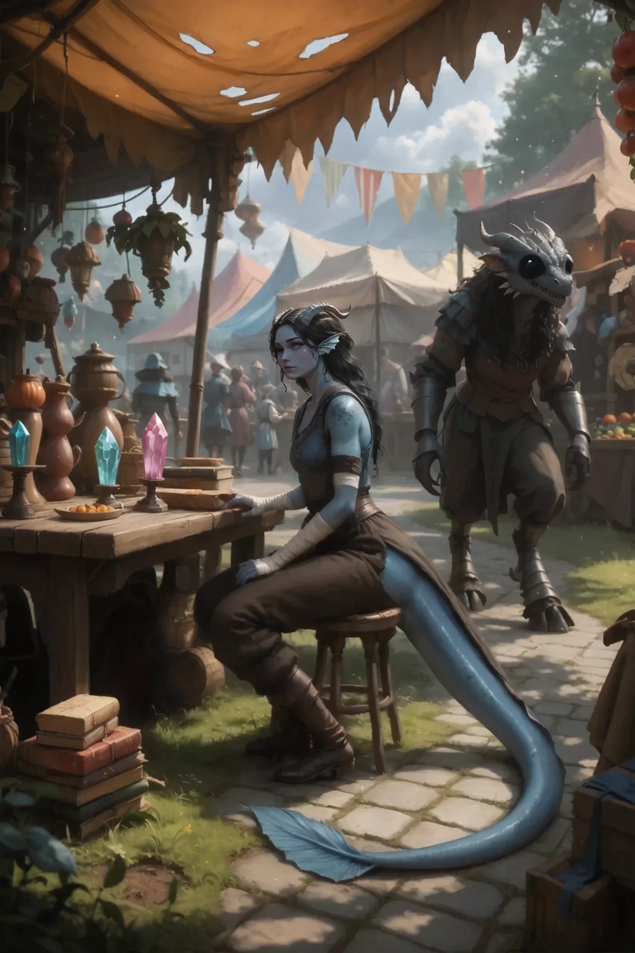 Monster Festival.
In the foreground, sitting at a wooden table with various wooden figures, colorful crystals and books are very modest Kedra is a young woman with dark blue-gray skin dressed in simple medieval clothes, brown pants with medieval ties and the young woman's long, very thick dragon tail at the back is lowered down and stele he huddles on the ground and his shoes are huddling, looking around, turning over his shoulder at a creature walking nearby.
against the background, bright tents and various unusual creatures buy standing near them. You can see low rare green grass in the foreground breaking through the paving stones.
A strange creature covered with thick hair on thick legs with hooves with a bright belly and a dark back and huge black eyes walks nearby.
In the background, the market is full of luxurious bright tents. long soft shadows. The shadow from the awnings from above and the light shines through the holes in the awnings. In the foreground you can see a fruit basket and the edge of the tent counter.
Warm sunlight falls in the rays giving long soft shadows. Very dark image . Dark background, contrasts objects with light. warm lighting.
beautiful clouds.
masterpiece, Best quality, Ultra-detailed, Cinematic emotional static frame, 8K UHD, extremely detailed, physical visualization, HDR.
Unrealistic image, fantasy genre, dramatic lighting. Highly detailed digital art style.