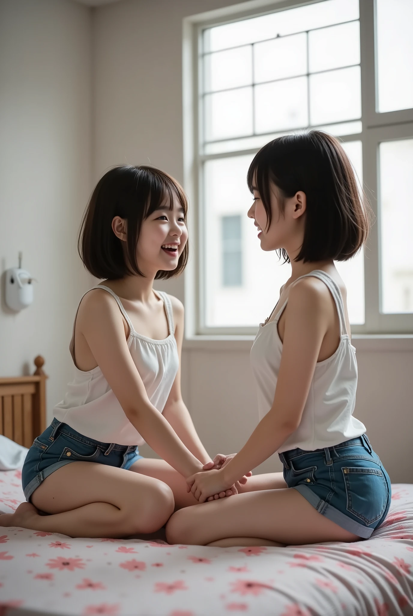 score_9, score_8_up, score_7_up,  (photorealistic:1.3), ultra detailed, realistic skin texture, realistic lighting, 8k, raw photo, highest quality, masterpiece, highest resolution, (2girls:1.3), very cute girls, cutest girls in japan, realistic photo of Japanese elementary school girls, wearing camisole, shorts, very short pants, realistic photography, on bed, barefoot, candid style, laughing loudly, open mouth, looking at each other, desk, window, holding hands