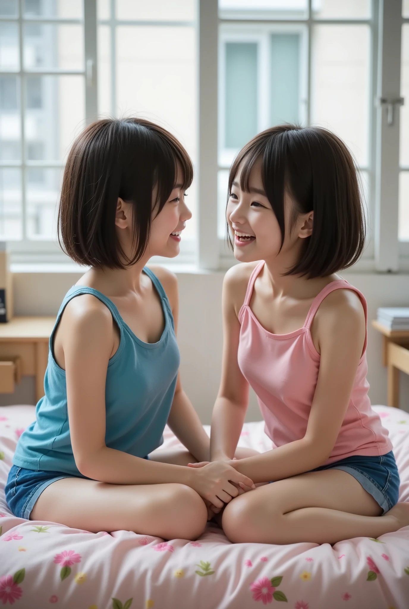 score_9, score_8_up, score_7_up,  (photorealistic:1.3), ultra detailed, realistic skin texture, realistic lighting, 8k, raw photo, highest quality, masterpiece, highest resolution, (2girls:1.3), very cute girls, cutest girls in japan, realistic photo of Japanese elementary school girls, wearing camisole, shorts, hotpants, realistic photography, on bed, barefoot, candid style, laughing loudly, open mouth, looking at each other, desk, window, holding hands, small breasts, loli