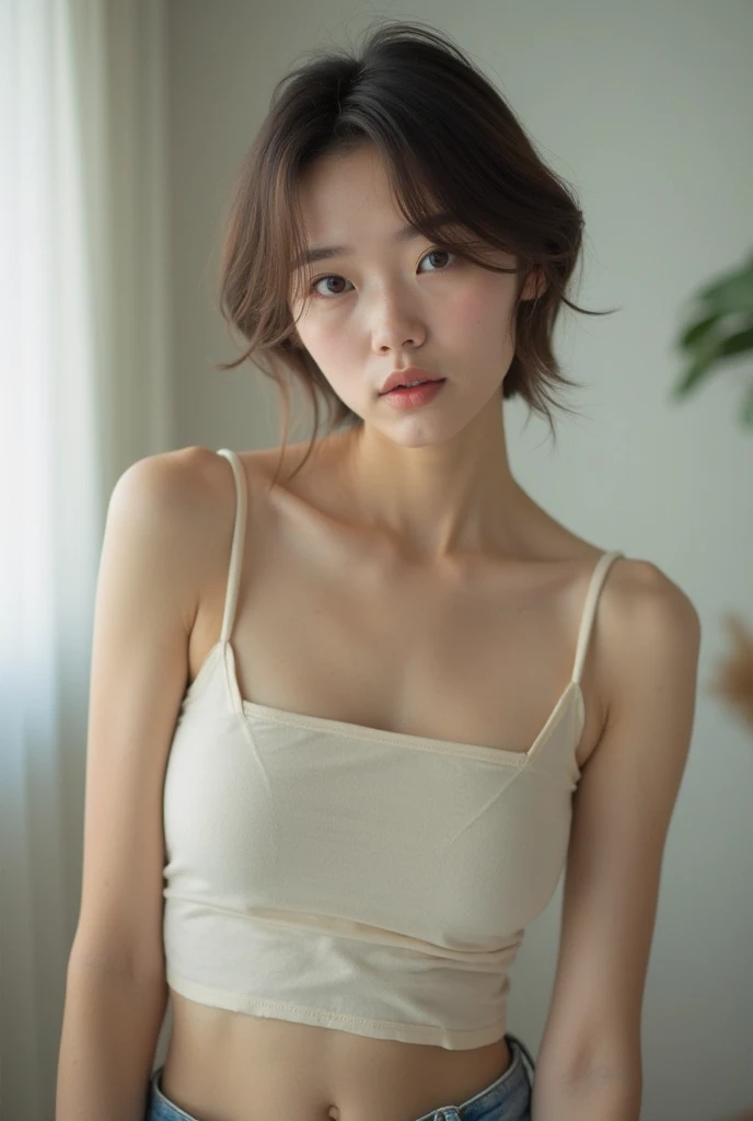 Best Quality, RAW Photos, Photorealistic, Face, Incredibly ridiculous beautiful girl, Cute, Short hair, depth of fields, High resolution, Ultra Detail, detail, Very detailed, extremely detailed eye and face, Sharp pupils, Realistic pupils, Sharp Focus, Cinematic lighting, Flat , Small , Small,( Small : 1.2), Small , (slim, Small, Flat, Small), slender, Delicate and  collarbone, (White camisole:1.2), whitepanty,