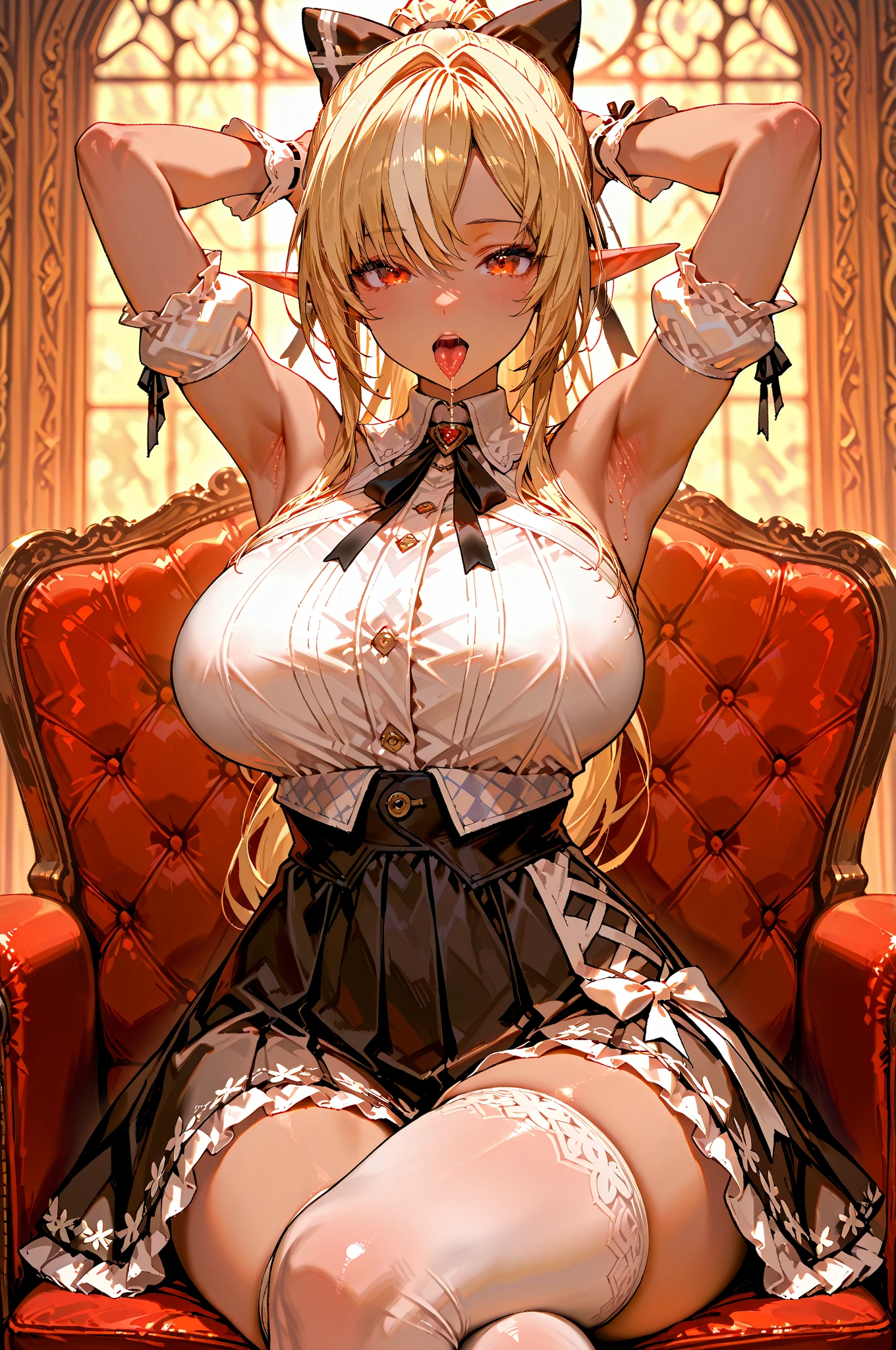 multicolor hair, blonde, elf, 1girl, 1boy, cottage, slave collar, slave chains, boobs, legs spread on the floor, maid, cum on the floor, open mouth, cum in mouth, pulling slave chain,,