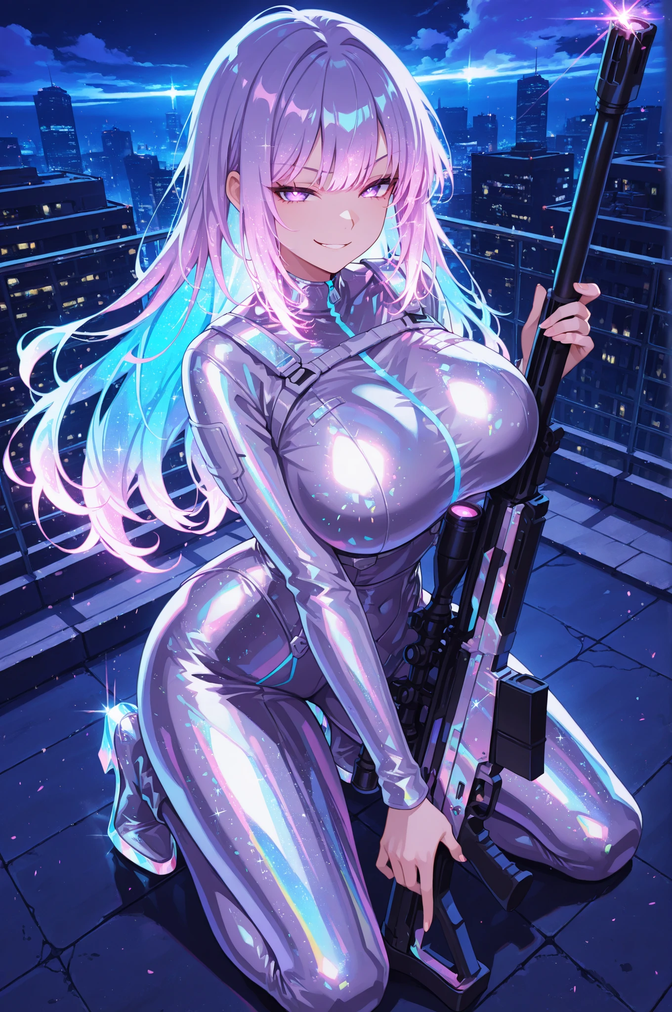 1girl, beautiful purple_eyes,flirting smirk, kneeling on rooftop, holographic, holofoil glitter, faint, Holofoil_hair, hair glowing, ethereal, neon hair, glowing hair, long hair, bob-like layers, trigger discipline, sniper rifle, looking at the viewer, , masterpiece, best quality,