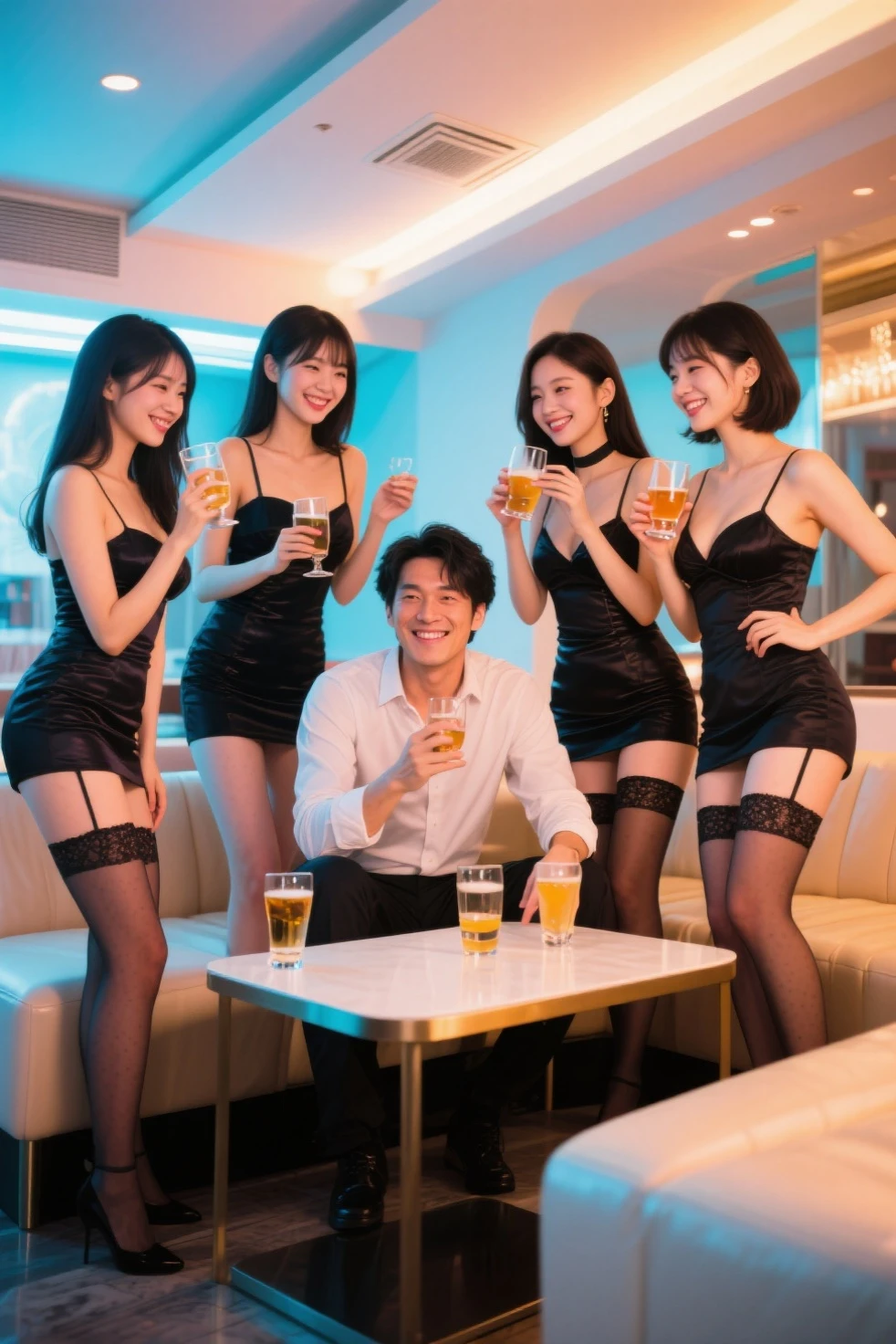 Generate an image of middle-aged Asian men and women celebrating in a club setting. They are holding champagne glasses and are surrounded by an abundance of delicious food. The atmosphere is festive and joyful. Please ensure the image captures the essence of a celebration with a warm and vibrant moo