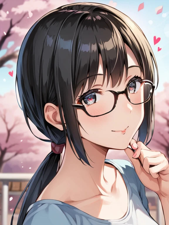 ultra-detailliert, Best Quality, High resolution, animesque、 ((A cute little naked girl with dark hair and large sagging eyes wears round glasses.))、Pretty eyes、Detailed eye depiction、Eye sparkle、deep detailed eyes, Looking at Viewer, pale skin, (((Petite))), (flat chest:1.4), (blush:1.2), (big eye:1.4), (Sareme:1.4), happy smile, In the park where cherry blossoms dance, sitting on, Focus on the face, Long hair, ((super close up of tongue))、(((from above))), open mouth, (((face only))), ((naked)), nsfw, flashing tits, showing pussy, drooling