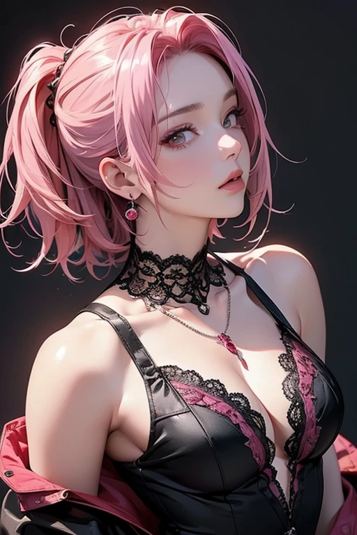 ultra hd, high resolution, realistic, best quality, masterpiece, (realistic: 1.2), upper body, 1 girl, pink hair, with a tattoo ((short hair in two pigtails)), brown eyes, detailed face, beautiful eyes, detailed eyes, playful, freckles, young, black bikini bottom, lingerie, medium bust, intricately detailed, elaborate, meticulous, gorgeous, maximum details, extremely hyperaesthetic, looking at viewer, gray background, masterpiece, best quality, high quality, highres, amazing lighting, detail enhancement, most beautiful image in the world, 8k resolution, awe inspiring, hd