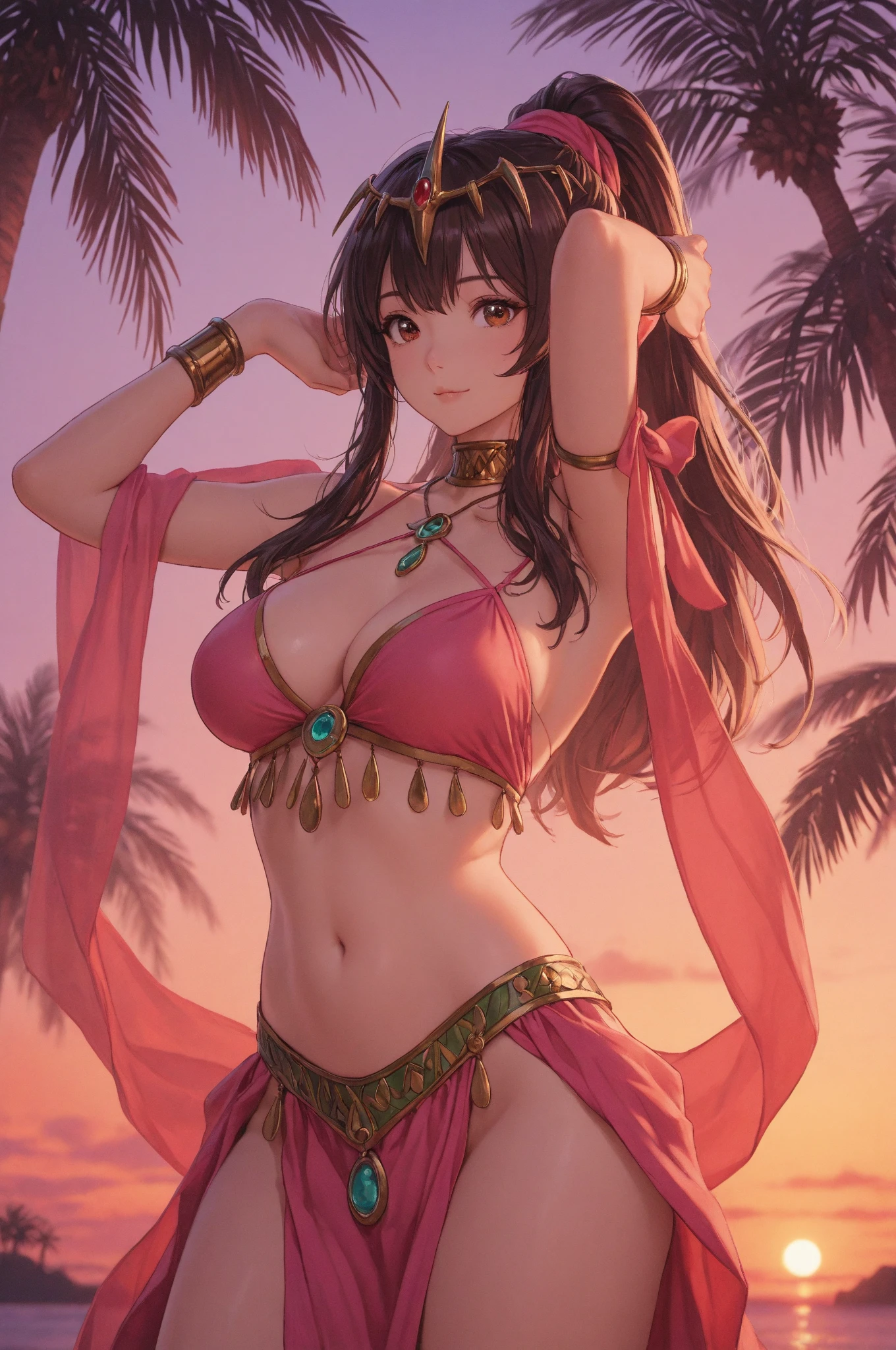 masterpiece, best quality, highres, high quality, collage, perfect image, 1girl, petra_timeskip, facial marks, long hair, tribal jewelry, brown crop top, sash, purple miniskirt, abs, long legs, bare shoulders, toned muscles, biceps, triceps, face, gentle smile, blush, collarbone slim legs, underboob, aroused, (gigantic breasts:1.4), detailed hands, island, beach, ocean background, tropical island, summer,