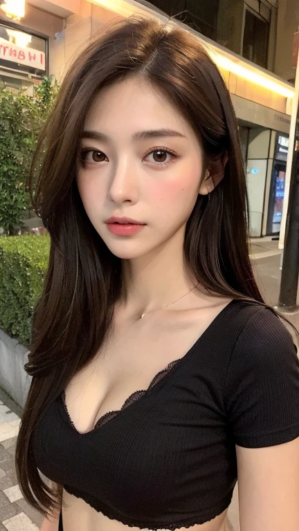 (Realistic、high resolution:1.3)、1 fille avec une silhouette parfaite、Visage et yeux super fins、cheveux courts、Tank Tops:1 random color.2、jeans court、in a coffee shop、coffee on table、Seins colossaux、Exposed neckline