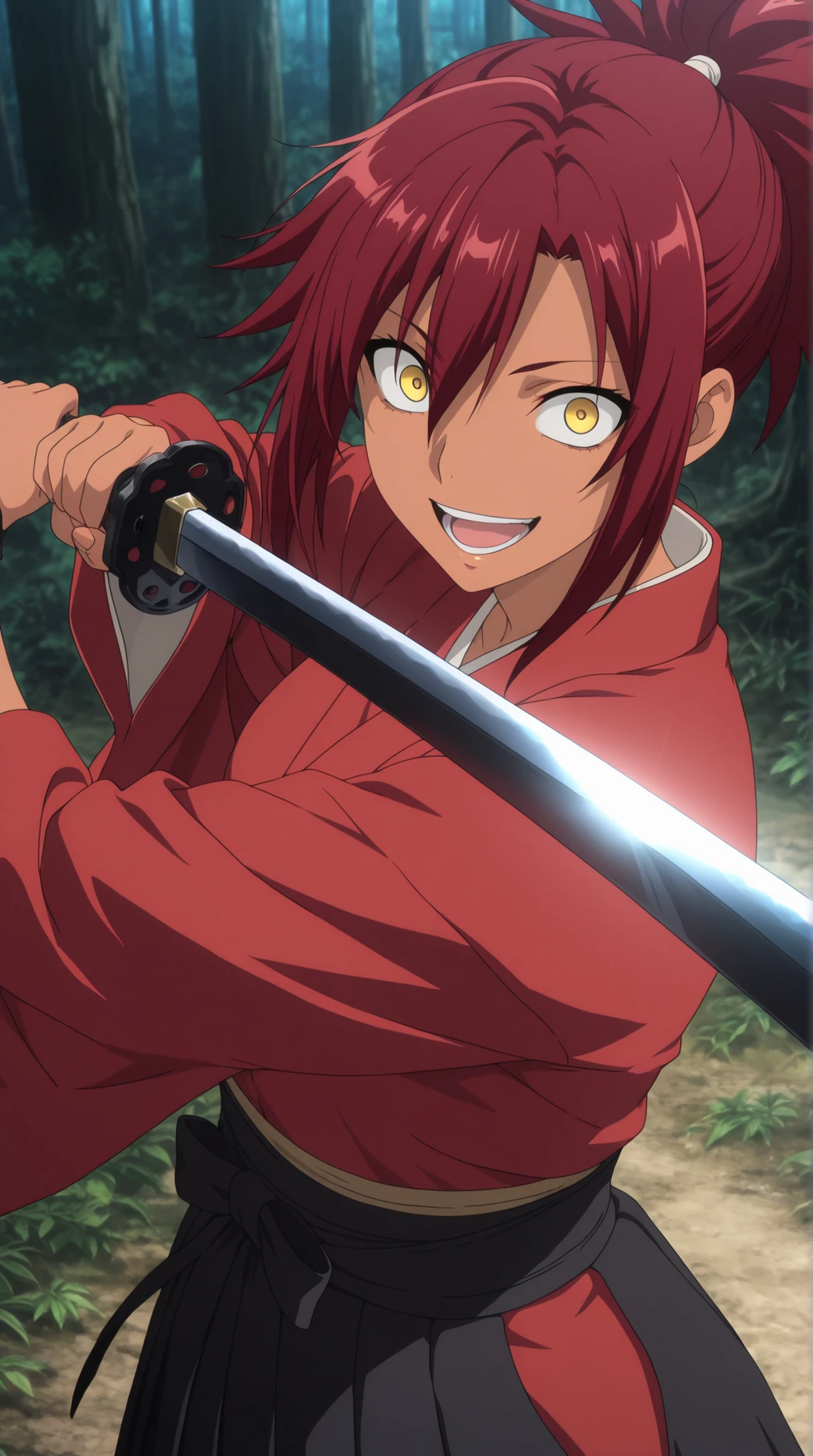 samurai girl
High quality ,  best quality , masterpiece,  High Resolution , anatomically correct,screencap,anime coloring
1girl,solo, Cool woman,dark skin, Short height
, red hair, Medium hair, yellow eyes, ponytail ,spiked hair,androgynous,breasts, red kimono,black hakama,Katana(on the waist),holding a Katana(long blade)
looking at viewer , close-up,upper body,from above
, , forest
, open mouth,crazy eyes,smile, Katana attack Stance(up Katana)