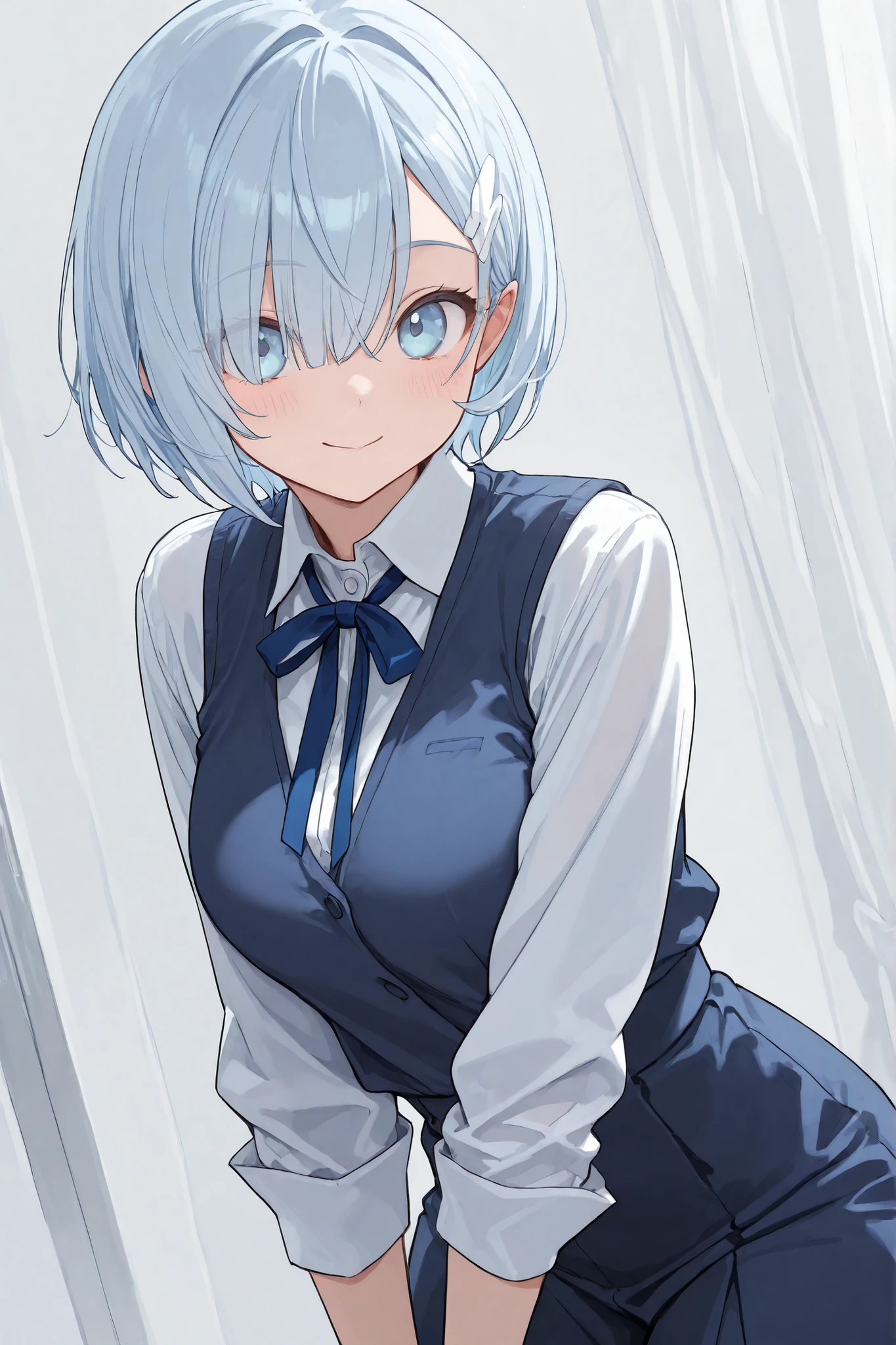 light blue shortcut,Light Blue Eyes,crouches,