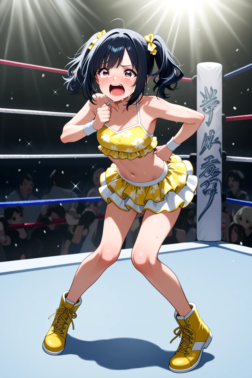 Blue,White,group shot:1.7,baseball stadium,Panty drop:1.5,Clothing with tiger printed on it,tubetops,Underboobs,ponytail,cheerleader, stadium, team spirit, pom-poms, enthusiastic, energetic, crowd, uniform, sports event, cheering, colorful, dynamic pose, happy, vibrant, teamwork, celebration, night game, lights, action