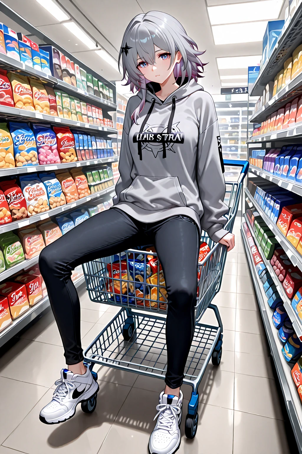(whole body), he was a femboy, wore a black jacket, in a hoodie, Messy white hair, he was standing, blushing a lot, in a store, we bought a huge dildo, the salesman looked at him with a mischievous face, the femboy was shy and excited looking at the dildo, he was wearing short black shorts and black socks, ele tava in a store de sex toy, looking at the counter and the salesperson, dildo in his hand, in the other hand he pulled the hood to cover his face but failed