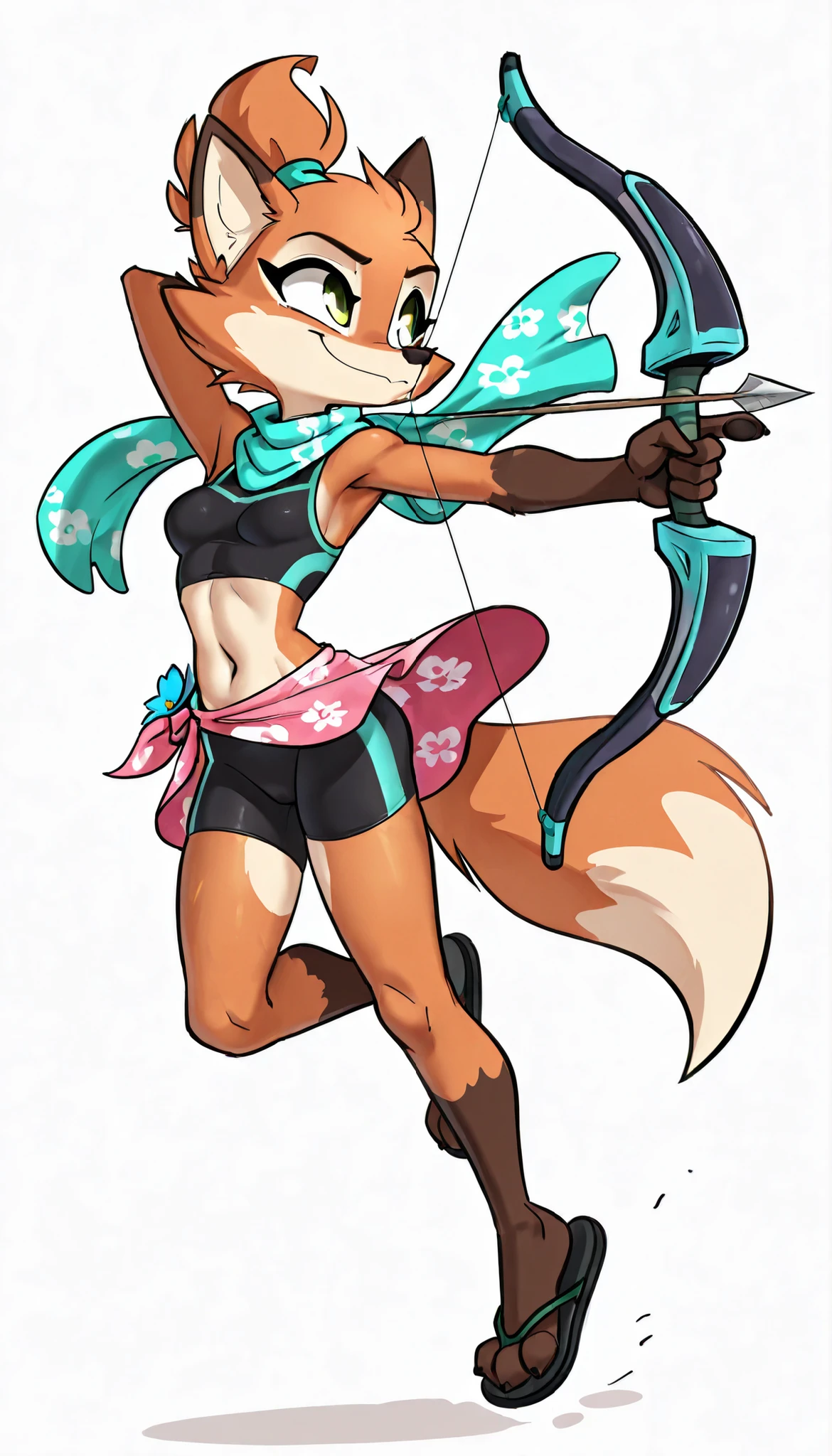 score_9, score_8_up, score_7_up, 1girl, source furry, absurdres, masterpiece, best quality, amazing quality, siroc, solo, dynamic angle, fleetfox, furry, fox, orange fur, green eyes, female, short hair, spiky pointed bangs tuft, ((fleetSummer, black tankini, midriff, black bike shorts, navel, turquoise long scarf with flower pattern, pink sarong, flip flops)), full body, feets with three toes, small breasts, ponytail, smile, jumping, smile, holding weapon with one hand, bow weapon, archery, arrow focus, action pose, white background, simple background,