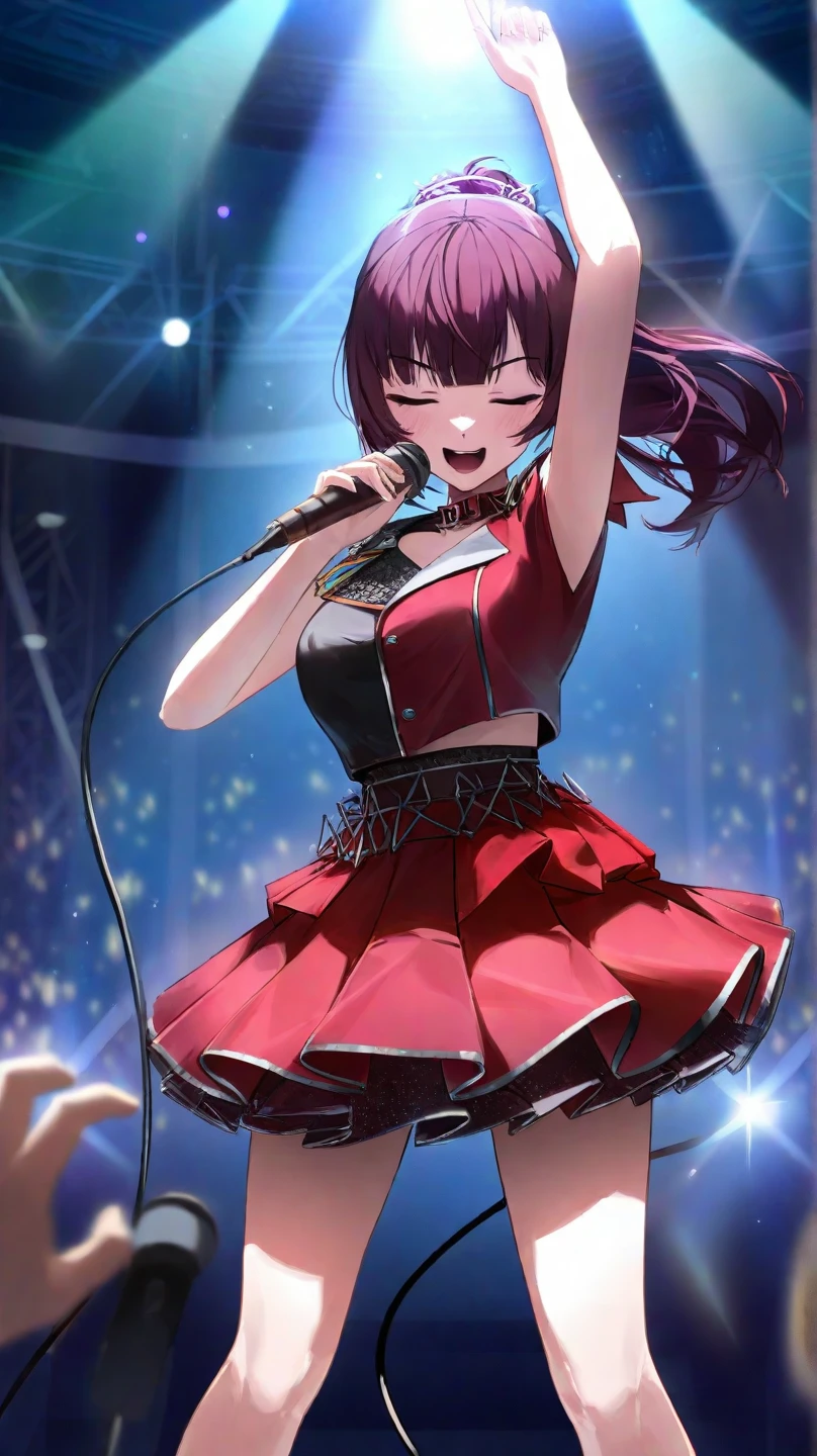 20 year old woman, beauty, beautiful black hair, bob cut, beautiful red eyes, flower hair ornament, person close-up, being in a live venue, costume with lots of frills, singing with microphone in one hand, idol, smile, light dancing,