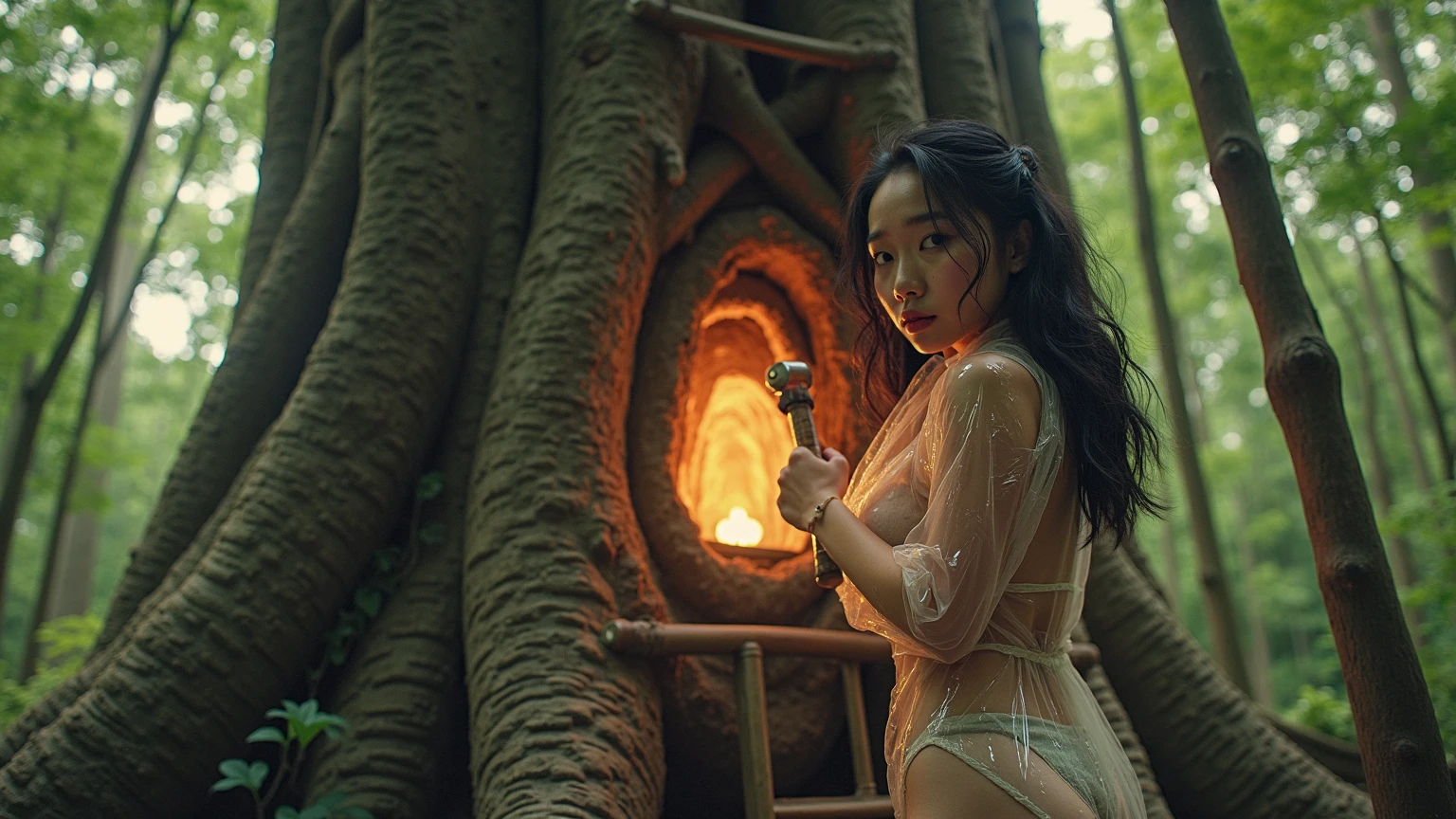 a naked woman tied to a tree, entangled with tree roots, covered roots, beautiful woman, big breasts, open legs showing vagina, groot fuck vagina, groot piercing her vagina, groot in vagina, sensual body, big breasts, short wavy hair, beautiful asian woman, jav idol actress, tied with tree roots, dark misty forest,
