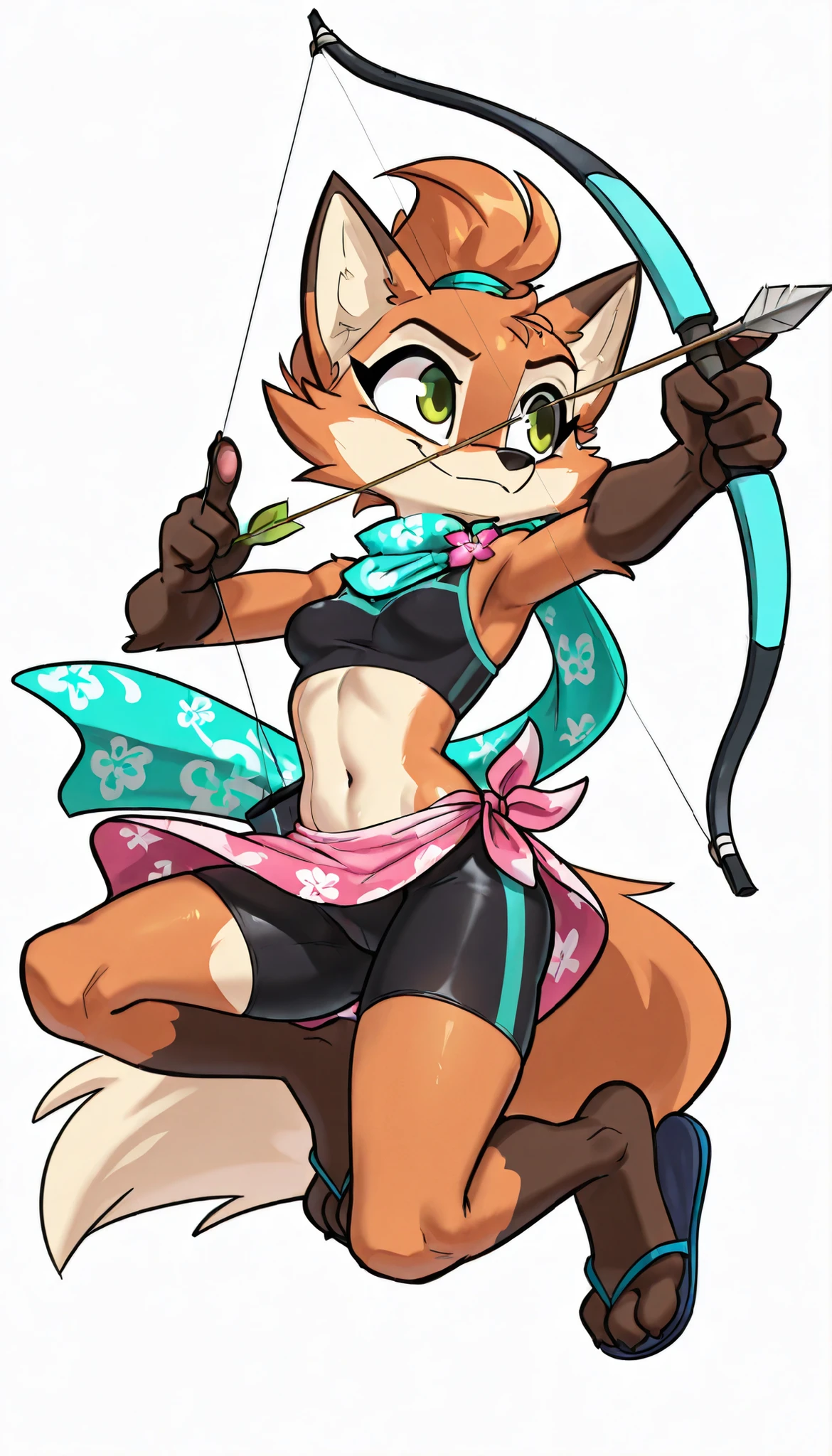 score_9, score_8_up, score_7_up, 1girl, source furry, absurdres, masterpiece, best quality, amazing quality, siroc, solo, dynamic angle, fleetfox, furry, fox, orange fur, green eyes, female, short hair, spiky pointed bangs tuft, ((fleetSummer, black tankini, midriff, black bike shorts, navel, turquoise long scarf with flower pattern, pink sarong, flip flops)), full body, feets with three toes, small breasts, ponytail, smile, jumping, smile, holding weapon with one hand, bow weapon, archery, arrow focus, action pose, white background, simple background,