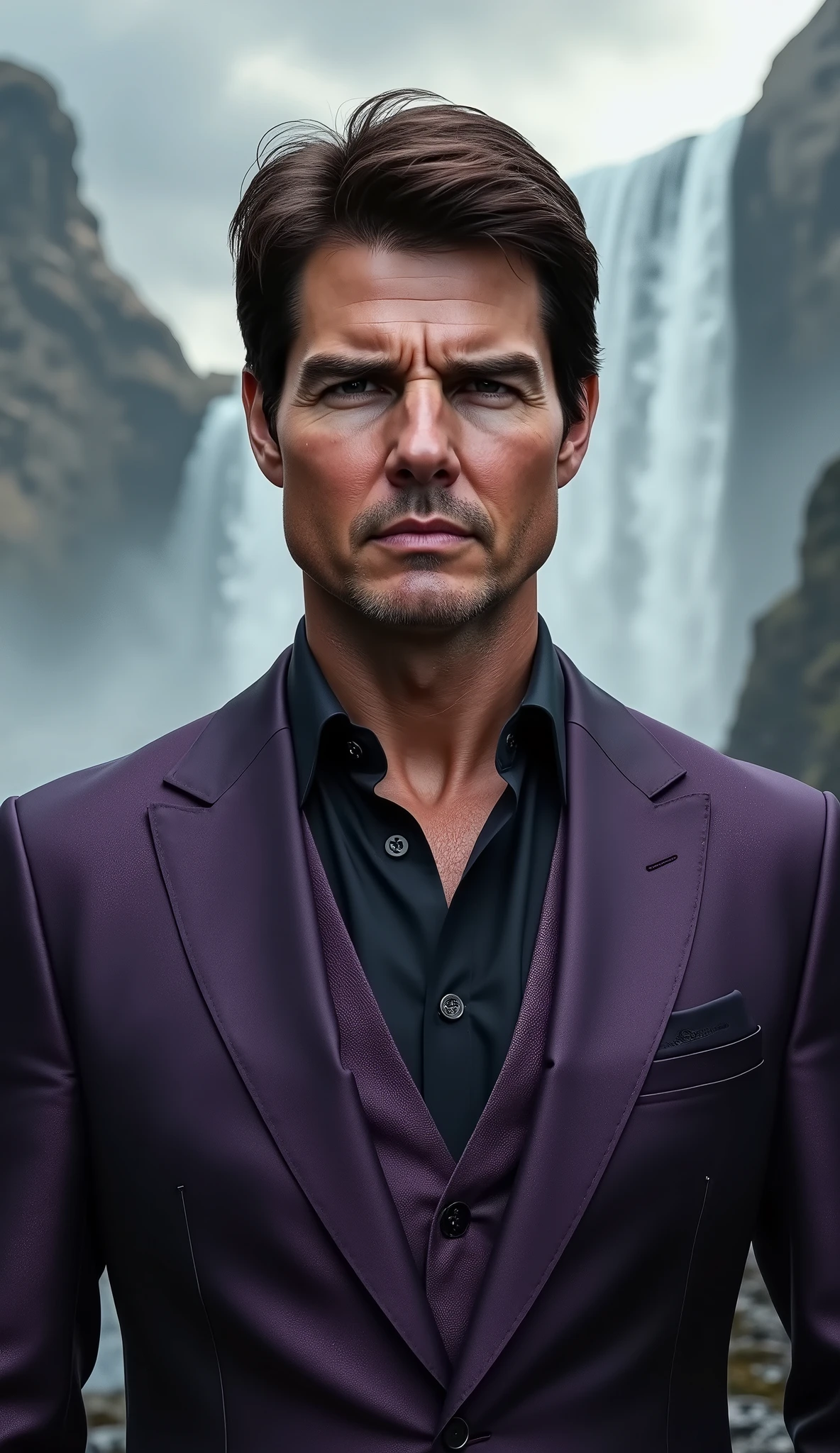 Hyperrealistic cinematic portrait of Tom Cruise in 20K in a purple and black suit background with storm and waterfalls, dramatic cinematic lighting with epic depth of field, ultra-detailed textures and shielding.
