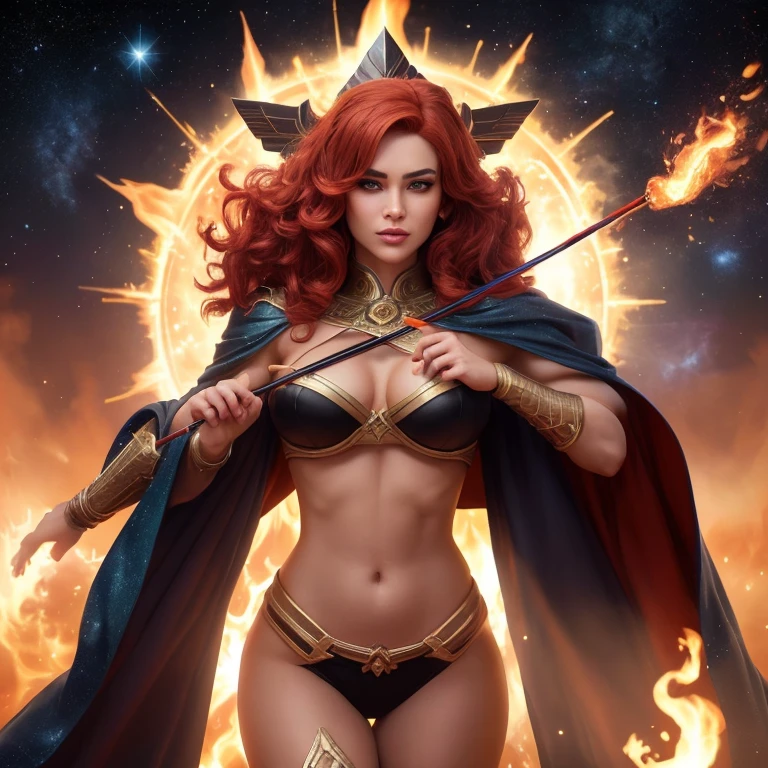 ((full body)), (((head to toe))), (((1 female, solo))), beautiful blushing slender Queen of Mars (((with shaggy ginger hair))), small bust, narrow waist, thin legs, (((against Mars as a planet background))), (((gorgeous fire brassiere, loincloth))), ruby necklace, ruby tiara, veil, (((American comic style with dark contours))), (((art by J. Scott Campbell)))
