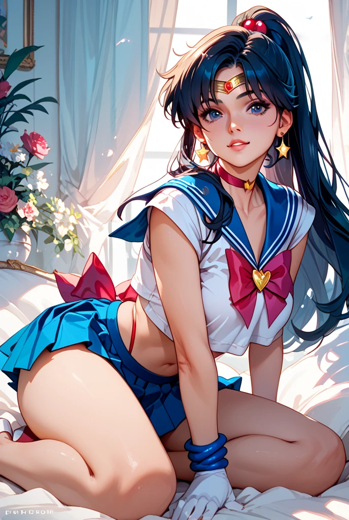 sailor moon, (Masterpiece), by rubio, brown eyes, expressive eyes, beautiful 10 year old girl, wide, good pink, neckline, round breasts, moon tiara, white panties, round buttocks, blue boots