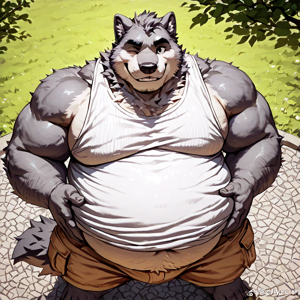 Anthro, male,canine, dog, pitbull:1.4, (grey fur:1.8),( cut ears:1.0), chubby:1.2, round belly, huge belly, bloated belly, overweight belly, inflating belly, the belly size is touching the ground, huge body, wide and bulky body, thick furry neck and chest fluff, (middle-age), (fat musclegut:1.4, thick body:1.2, wide body, enormous size, giant size), (yellow eyes:1.2), detailed black eyes,tail, detailed fluffy fur, (forest background:1.6, forest ground:1.6, looking at viewer:1.2, resting on the ground, sitting on the ground, smiling expression with tongue out: 1.2, happy smile with: 1.2, friendly smile: 1.2, full body:1.2), ((intricate detail fluffy fur texture)), (by darkgem),(by OnePotatoATime),(by adios:1.2),(by taran fiddler),4k,masterpiece,full hd, BREAK