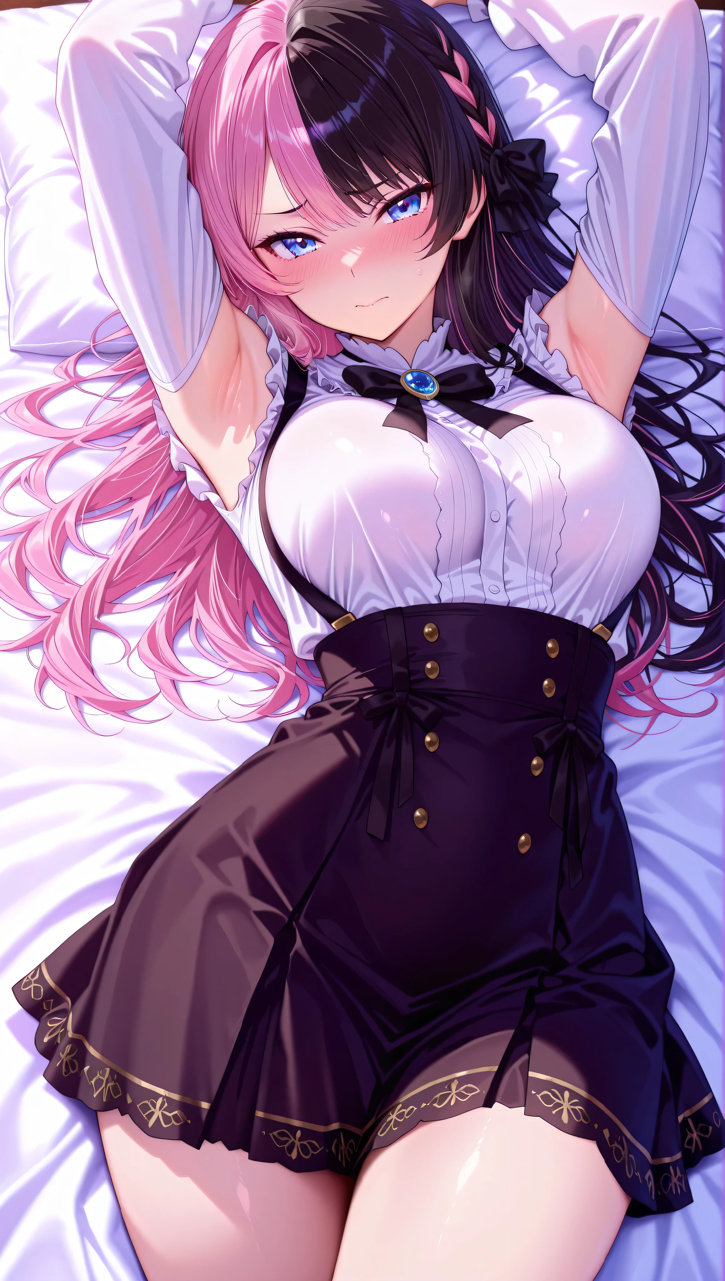 solo,masterpiece,best quality,super fine illustration、finely detail 、clear picture、UHD、HDR, amazing quality, highres, absurdres, very aesthetic, high resolution, ultra detailed, perfect details,(masterpiece, detailed:1.2),blue eyes, (multicolored hair), Hinan0Def, multicolored hair, pink hair, black hair, long hair, french braid, hair bow, black bowtie, brooch, frilled shirt, white shirt, long sleeves, black skirt, suspender skirt,mature female,anime screencap,medium breasts,look at viewer,lie on own back,arms up,armpit focus,breasts squeezed together ,lie on own back、breasts squeezed together,embarrassed