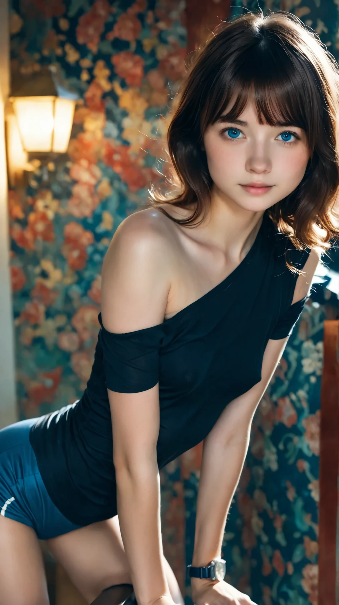 tight black tops:1.2, Watch Viewers, cinematic lighting, Perfect, soft light, high resolution skin riding on a handrail:1.2, realistic skin texture, 14 years、small face、no makeup、, off the shoulder,B cup、small breasts, blue eyes, Bang Hair, dark brown hair、bold pose、geometric pattern background