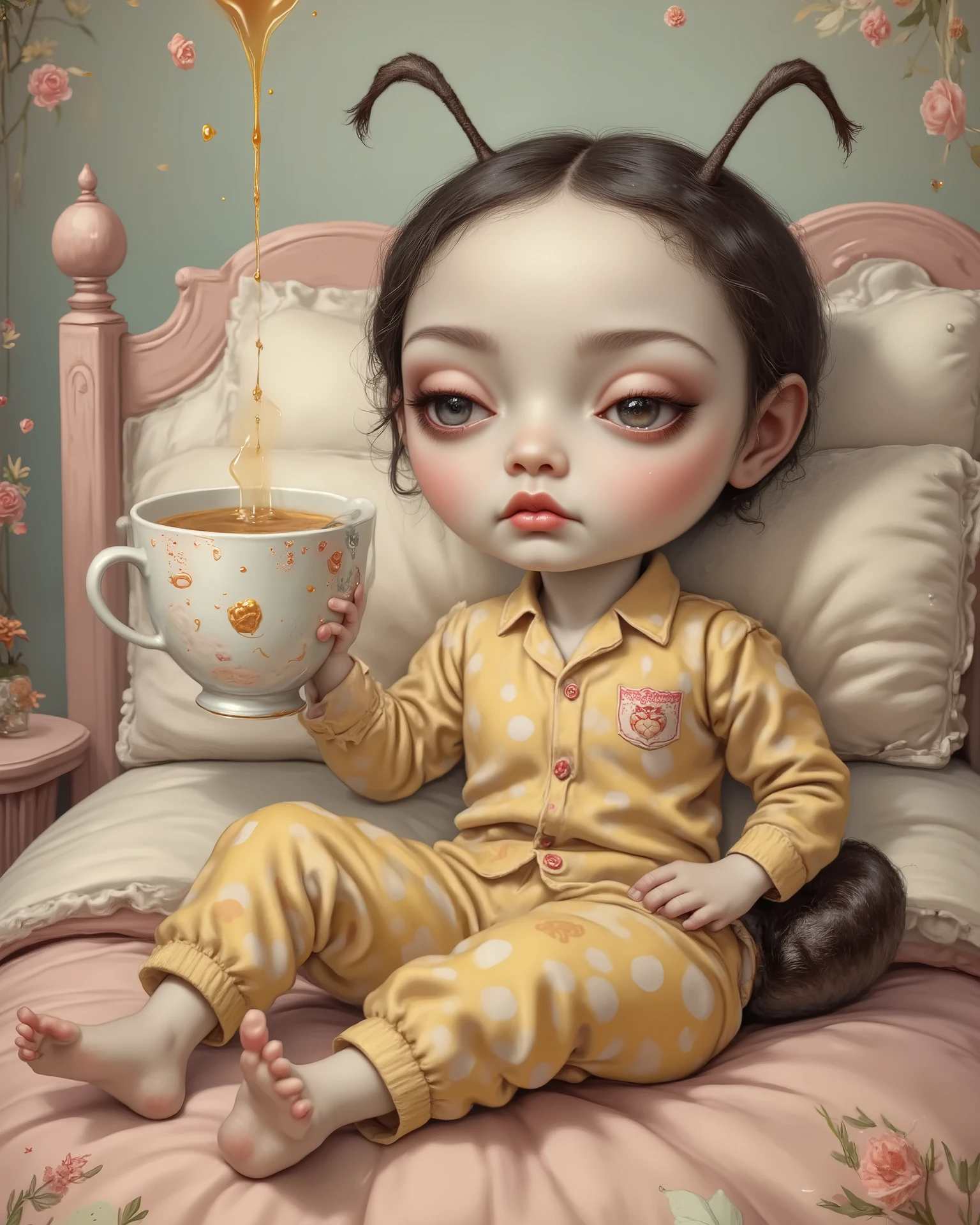 sleeping ant wearing oversized polka dot pajamas, pulling a cup of honey instead of coffee, big eyes as buttons, Half sleeping face, pastel bedroom environment