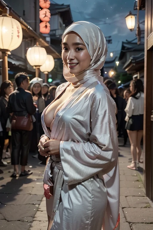 Cute Pakistani girl in hijab wearing patung dress with seducing pose, big smile, laughing, happy, big front teeth, bustling nighttime city, wearing hijab, bright golden color hijab, beauty skin, huge breast, nipple erected detailed, dark hairy pussy, thick thighs bright lighting, big round ass, cute face, slim abs, 35mm lens, Extreme close-up, pastel color grading, depth of field cinematography effect, romantic film genre, 8k resolution, high quality, ultra detail,