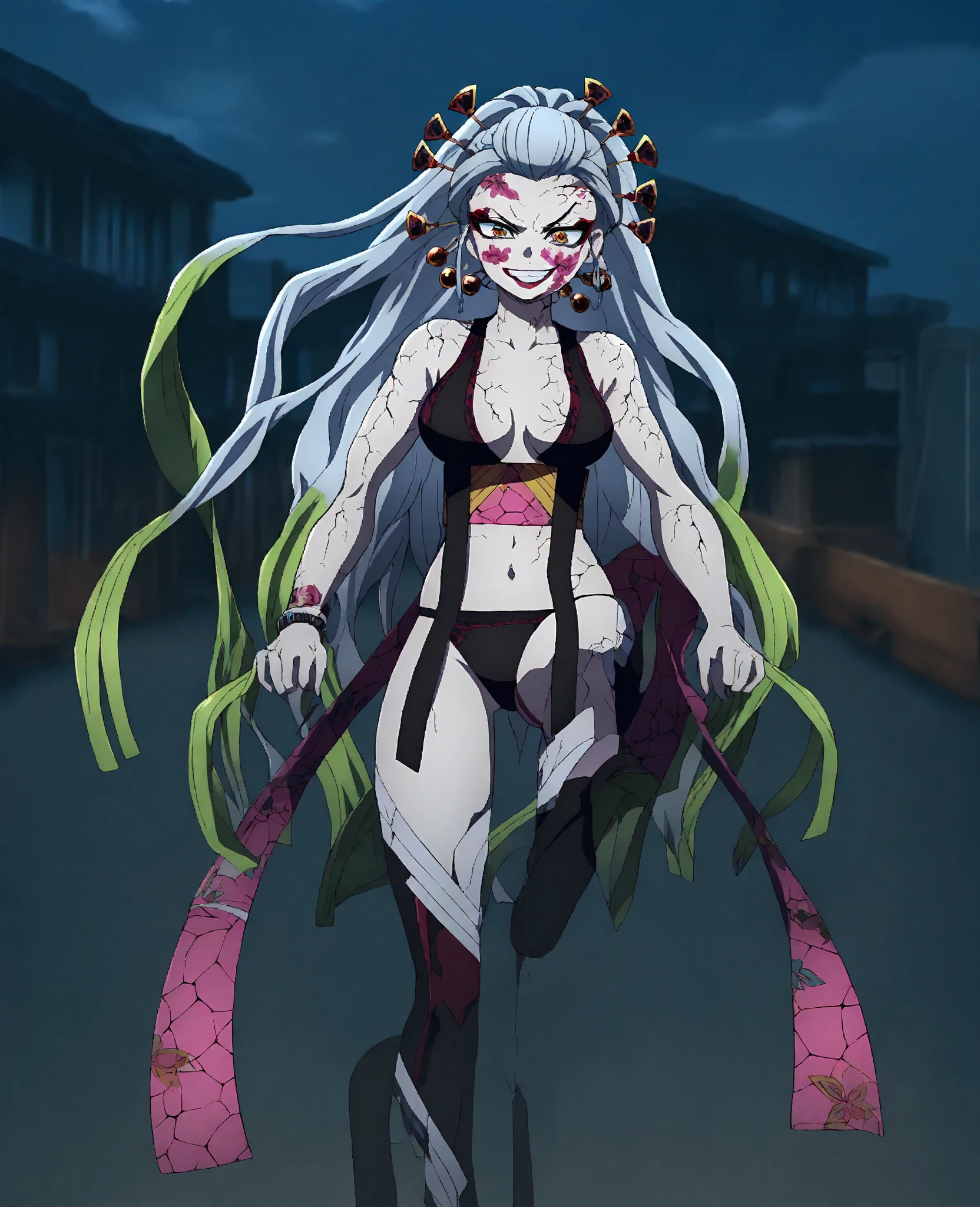 (looking sideways, pale skin, lingerie)), cowboy shot, best quality, shiny hair, facial mark, cracked skin, pink lipstick, slit pupils), smile, smile, smile, masterpiece, huge breasts, (in Kimetsu no Yaiba style), floating obi, eyes not facing forward, cinematic lighting, 1girl, floating green eyes, huge breasts, daki, solo, long hair, gigantic tits, cleavage, ,V4,Daki,DakiV4, sidedoggystyle,
