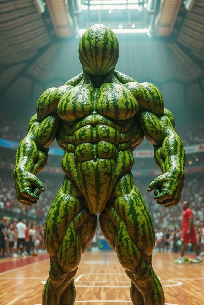 humanoid watermelon man, muscular, strong, wearing purple shorts, green skin