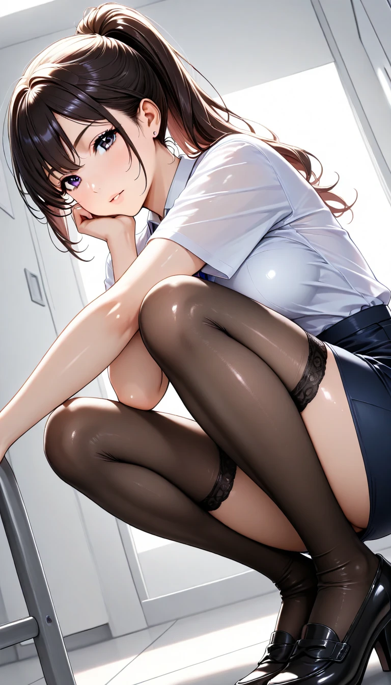 tmasterpiece， Best quality at best， A high resolution， A high resolution， （chi1， 1girl， long whitr hair， pigtails， one side up）， From the angle below， a skirt， The shirt， Pink bandeau， open shirts， No buttons， pleatedskirt， Smooth black stockings， a black skirt， longer sleeves， 校服，Smooth stockings， Formal shirts， The look of annoyance， Be red in the face， Wind-in-the-wind skirt， Lift your skirt， Crotch line， Buttock line， （White lace transparent panties， Panty shots）， Beautiful leg line， three-dimensional feeling of body parts，Prominent underwear，realistic skin textures，Focused feet，kneeling down，knees open，A bright room，finger-shifting panty position，Illuminate from below，opening legs，M legs，