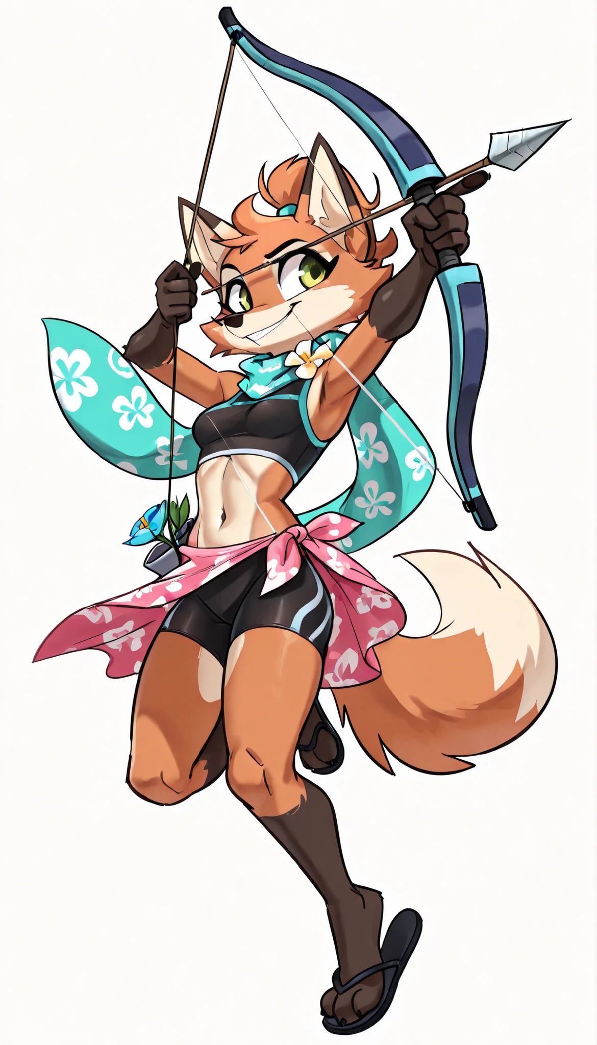 score_9, score_8_up, score_7_up, 1girl, source furry, absurdres, masterpiece, best quality, amazing quality, siroc, solo, fleetfox, furry, fox, orange fur, green eyes, female, short hair, spiky pointed bangs tuft, ((fleetSummer, black tankini, midriff, black bike shorts, navel, turquoise long scarf with flower pattern, pink sarong, flip flops)), full body, feets with three toes, small breasts, ponytail, smile, jumping, smile, holding weapon with one hand, bow weapon, archery, arrow focus, action pose, white background, simple background,