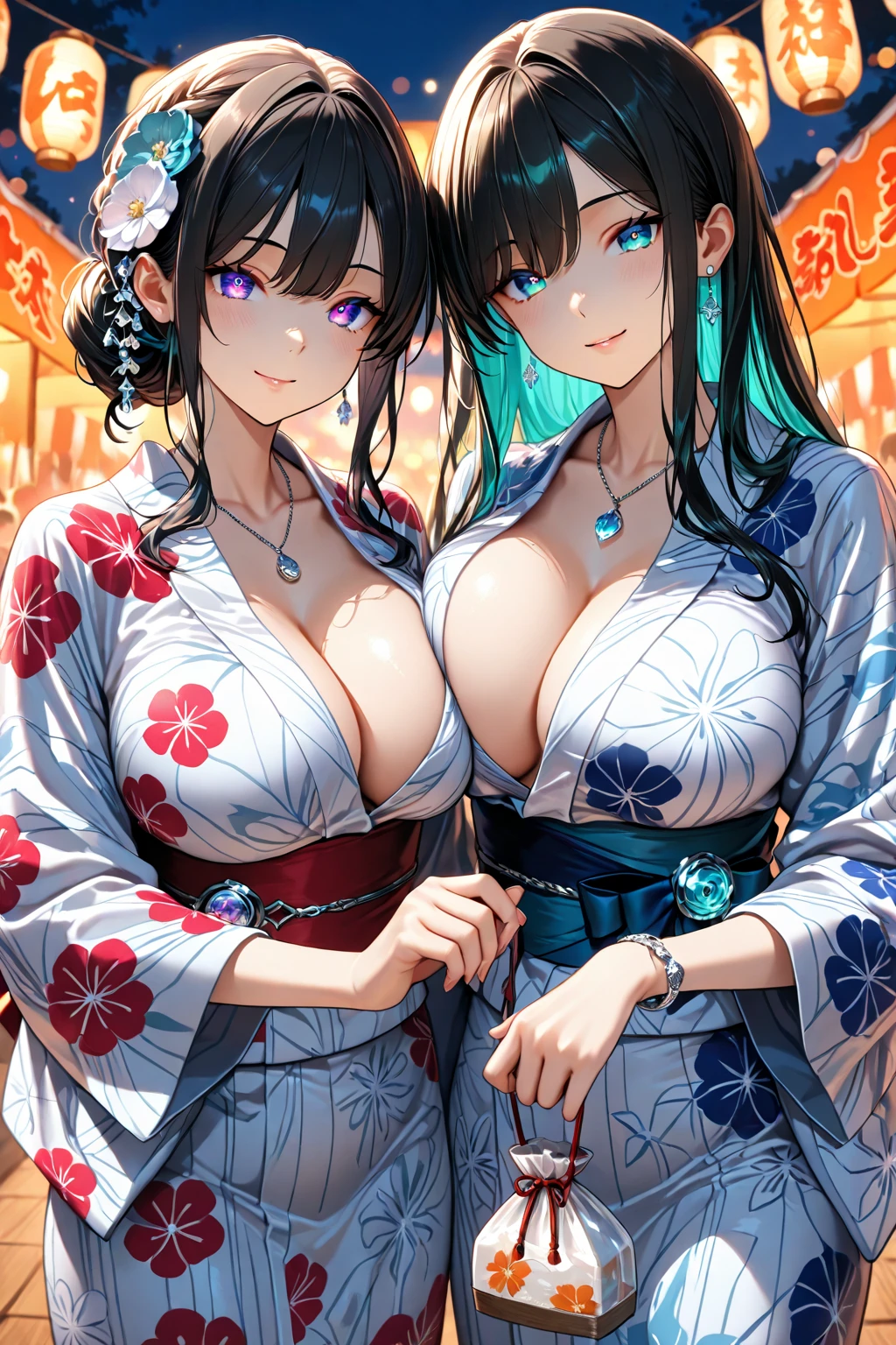 2girl, 4k, (masterpiece), highest quality, 2d, ((nsfw)), (teen anime school gir), (unbuttoned flower yukata), ( side tie bikini), (big breasts), short black hair, blue eyes, smile, full height, clear eyes, black eyelashes, (intricate detailed), dramatic, makoto shinkai, in the dark room with minimum light