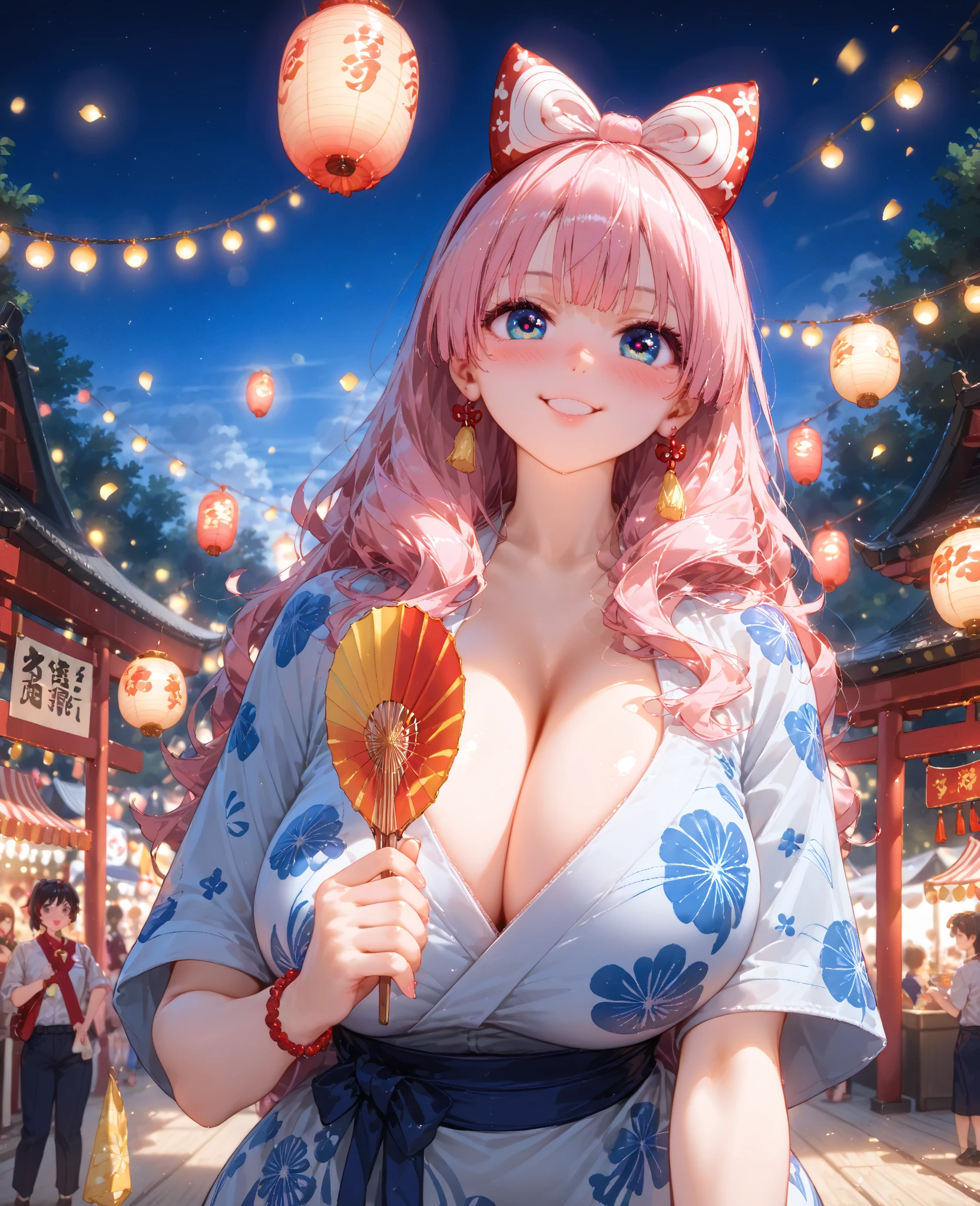 ultra-detailed, ((one girl)), (pale skin:1.4), in pastel colors gyaru, (heavy makeup), (professional lighting) hyper detailed, absurdres, 8K, Beautiful Face, (Laugh shyly), ((teasing smile:1.8)), ((Wink:1.7)), (Laugh with your mouth wide open),((Tilt your face:1.6)), View your viewers, ((Bright red cheeks:1.6)),Glossy Red Lips, ((Big Breasts:1.6)), ((undressing:1.2)), noon, Shrine festival stalls, ((eat candied apple stick)), ((Anime style background)),masterpiece, Highest quality, so beautiful,Latest, Complex details, (Pink long nails), (nail art), (ring),(bracelet), (Floral Choker),AI-generated, Complex,High resolution, Highest quality, super high quality,3D Images、3D Images,One person,Pastel pink long hair,(High Ponytail), (wavy hair:1.3), Pastel anime woman posing for a photo, ((Fine grain、blue eyes、glowing eyes:1.4)), (Squint your eyes:1.1),a hyperRealistic , hyperRealistic , Realistic,Anime woman with long pastel pink hair, Smooth anime CG art, A girl in a gorgeous pastel-colored kimono, ((Pastel-colored furisode)),(Pink large floral pattern), (sideboob), Long flower hair ornament,Floral Earrings, Mature Body, tall,Narrow waist,((from side)), ((leaning forward:1.2)),