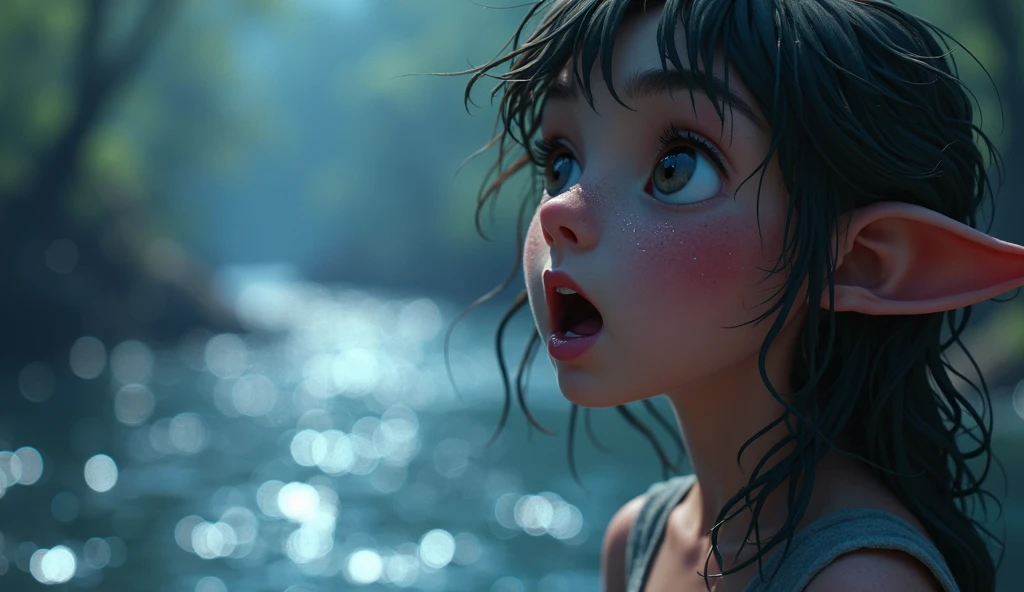 young 9-year-old daughter of severus snape,((highest quality)),(ultra high resolution),(Super detailed),(detailed description),((best CG)),(best work of art) ,black hair、radiant green eyes Beautiful, master part, best quality, HiqcgCorpo, アニメ, 1girl, red swimsuit, portrait photos, see viewer, partially submerged,Austral, ((silver-haired)),(Cat's ears),pony-tail,skin wet, details Intricate,>,(((inked)