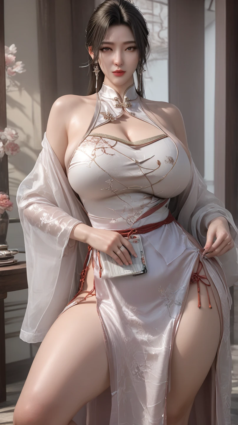 Best quality, masterpiece, ultra high res, raw photo, beautiful and aesthetic,deep shadow, dark theme,(ultra detailed:1.3),
1girl, dynamic pose, Headdress, (beautiful face, detailed eye:1.2), embarrassed, (busty breasts, gigantic breasts:1.1), drill hair, long hair, blonde hair, gradient hair, yellow eyes, solo, big hair, blue hair, divine goddess, looking at viewer, indoors, royal palace, medieval bedroom, astraea, full body, (see-through:1.3),bare shoulders, ([Sexy lace ultra-short cheongsam|Halter lace cheongsam|Pink high-waisted cheongsam with a slit]:1.5), piercing, navel piercing,