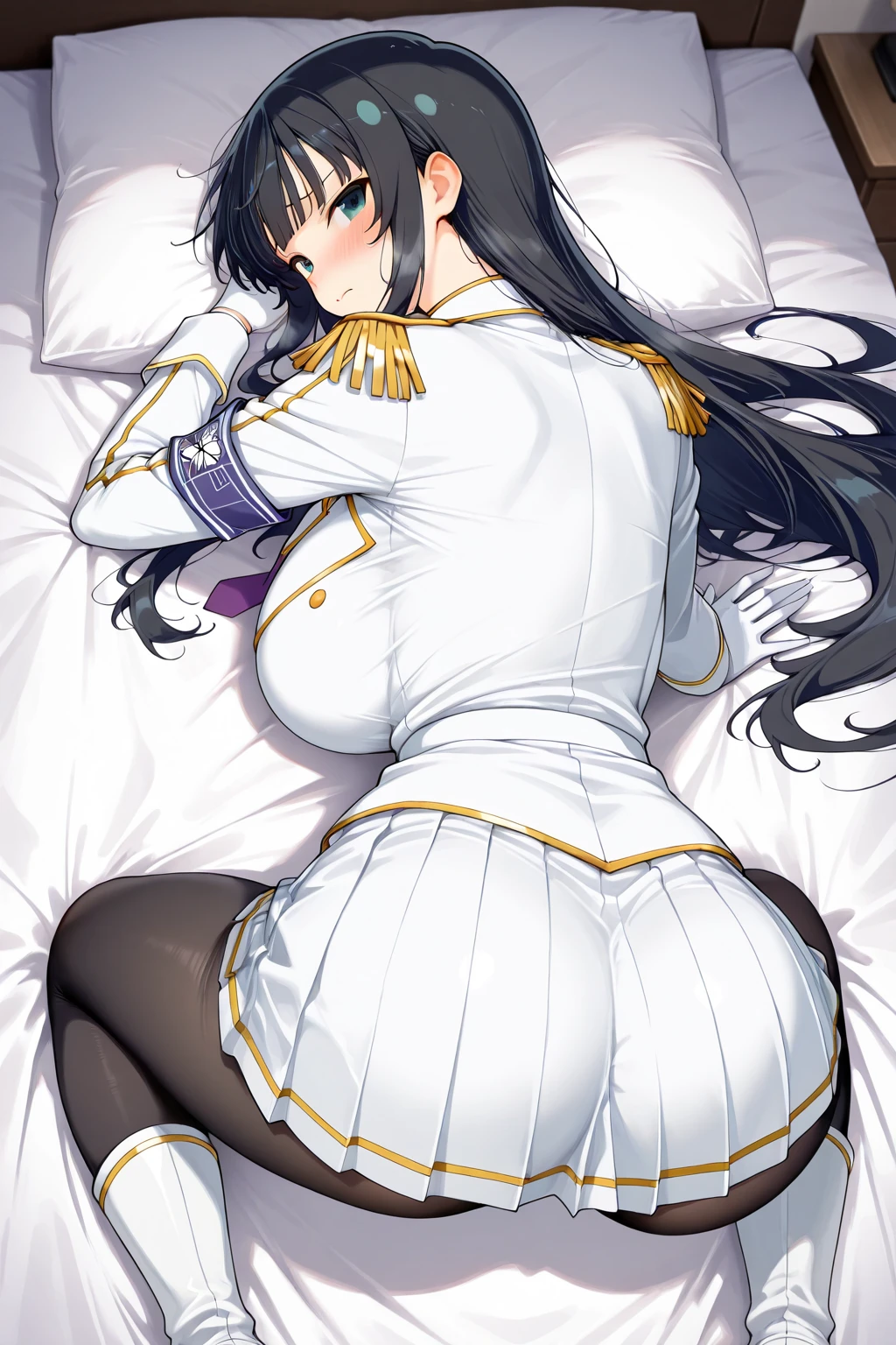 1girl,masterpiece,best quality,(8k, best quality, masterpiece:1.2), (ultra-detailed:1.2), ultra quality, high quality, beautiful detailed glow,film Reflection,((smooth texture:0.75, realistic texture:0.65, realistic:1.1, Anime CG style)),
((Voluptuous,glamorous,Chubby,thicc,curvy,Leggy,Tall,hanging breasts,1 grandma)),
(((military uniform, black clothes, gloves, lieutenant officer, intricate pattern clothes,pantyhose,high heels))),
(public hair:1.7),(((Pubic hair shows through))),(((nipple shows through))),
(lying back down:1.3),(from above:1.3),Lie on your back,(spread legs:1.5),hands up,
(embarrassed,blush:1.3),
Detailed beautiful eyes,looking at viewer,makeup,
(upturned eyes:1.5),