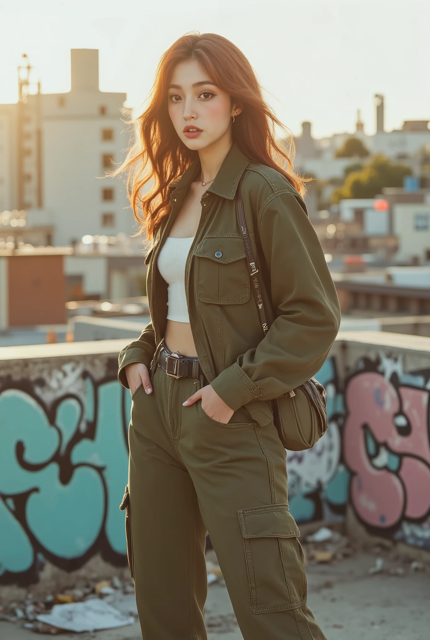 (masterpiece, ultra-HD, 8k, best quality, photorealistic, cinematic lighting, high detail, depth of field, blurred background, dramatic lighting, glow, very aesthetic, realistic)
Character: Princess Ariel-inspired, long wavy red hair, emerald green eyes, natural playful expression, confident relaxed pose, dynamic movement:1.5, casual urban travel vibe.
Fashion: Modern utilities-inspired streetwear, oversized cargo jacket in olive green, baggy cargo pants with multiple pockets, chunky sneakers, crossbody utility bag, minimal jewelry, rolled sleeves, layered textures, casual yet edgy silhouette, practical street fashion aesthetic.
Scene: Urban rooftop with graffiti walls, soft industrial sunlight, scattered debris, concrete ledges, distant skyline.
Foreground: Framing with blurred rooftop details, lens flare:1.3, drifting dust particles, subtle motion blur on hair and clothing.
Midground: Ariel-inspired figure in relaxed stance, one hand adjusting bag strap, the other lightly resting on hip, natural movement in jacket and pants, magazine editorial style.
Background: Urban cityscape, rooftop water tanks, faint neon signs, distant skyline, soft haze for cinematic depth, muted pastel + earthy tones.
Lighting & Color: Warm golden sunlight with teal shadows, 60-30-10 palette—olive green 60%, neutral beige 30%, orange-red accents 10%, cinematic glow on hair and clothing.
Style & Render: Editorial street fashion photography, ultra-detailed textures on fabric, realistic skin and hair, natural shadows, glossy accents, soft depth-of-field, cinematic composition, modern urban vibe.