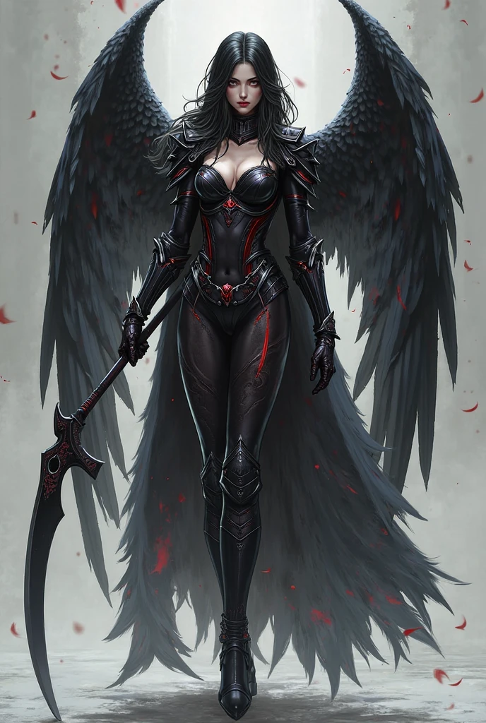 Goddess of death flying with black wings and a giant sickle over the moonlight and an army of skeleton demons beneath her. Red details and sexxy witch outfit. Emphasis on glutes