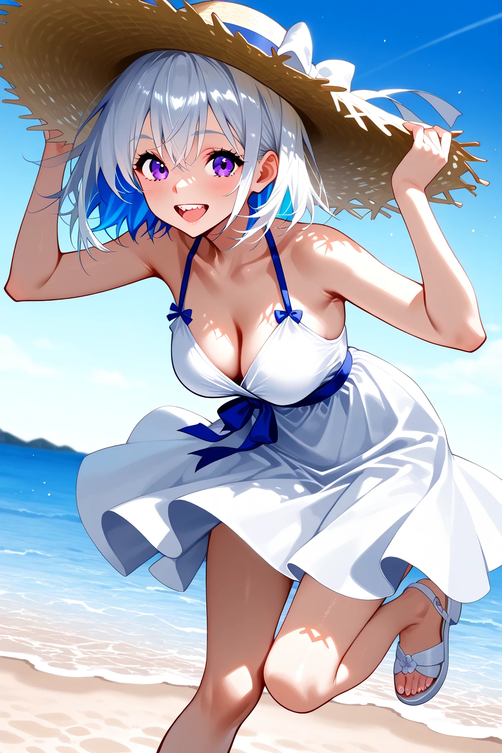 <lora:kaga_everlasting_killing_stone-09:0.8>kaga(everlasting killing stone), solo, white tail, white hair, swimsuit, outdoors, navel, blue eyes, fox ears, large breasts, tail, fox girl, short hair, animal ear fluff, cloud, multiple tails, sky, day, sarong, cleavage, blue sky, looking at viewer, blue bikini, fox tail, animal ears, bikini, 1girl