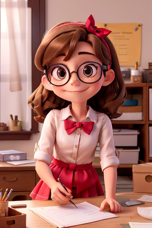 (A small chest:1.3),(Masterpiece, Best quality:1.4), (Beautiful, Aesthetic, Perfect, Delicate, Intricate:1.2),((Best quality)), ((Masterpiece)), (Detailed),(A high resolution:1.2), Classroom, An adult female, Smiling Claudia Chever, Red shirt, White , Glasses, , angle of view, ass sexy 