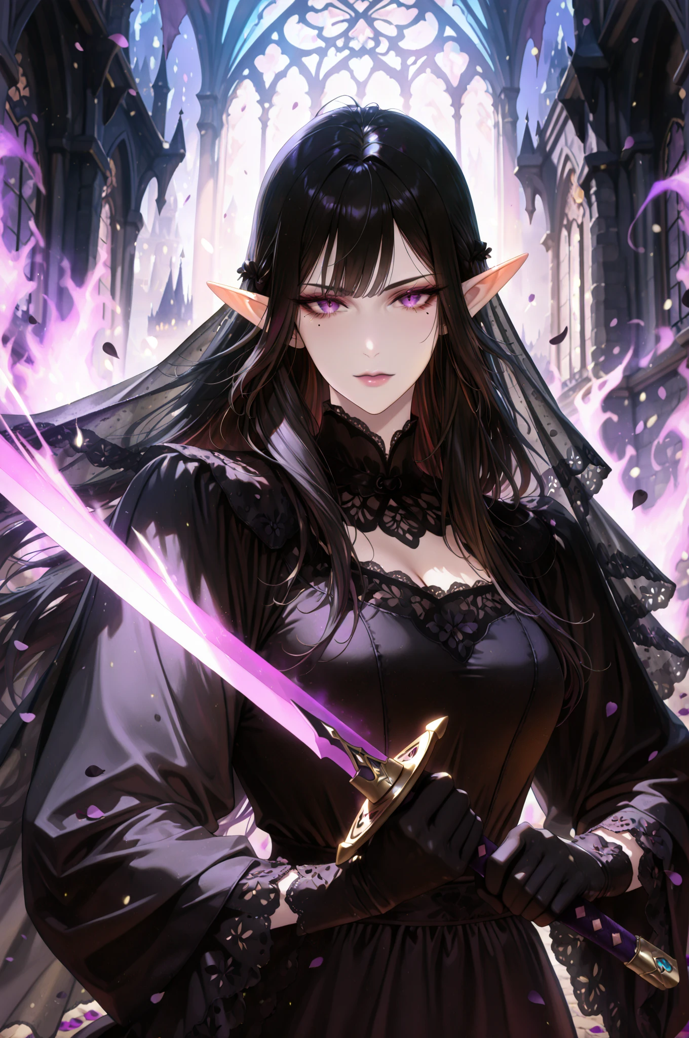 "Anime-style drawing in the Fate series, depicting Morrigan, the Celtic goddess of war. She has long black hair and piercing eyes and huge bobs, with a raven perched on her shoulder. Morrigan is dressed in a black gothic-style dress adorned with intricate lace details and Celtic symbols. In her hand, she holds a staff decorated with a dear skulls. The setting is a dark forest illuminated by a full moon, with twisted trees and ancient stones around. Morrigan's expression is enigmatic and powerful, reflecting her divine and warrior nature. Elements of magic and darkness should be present in the image, with a touch of Celtic mysticism."