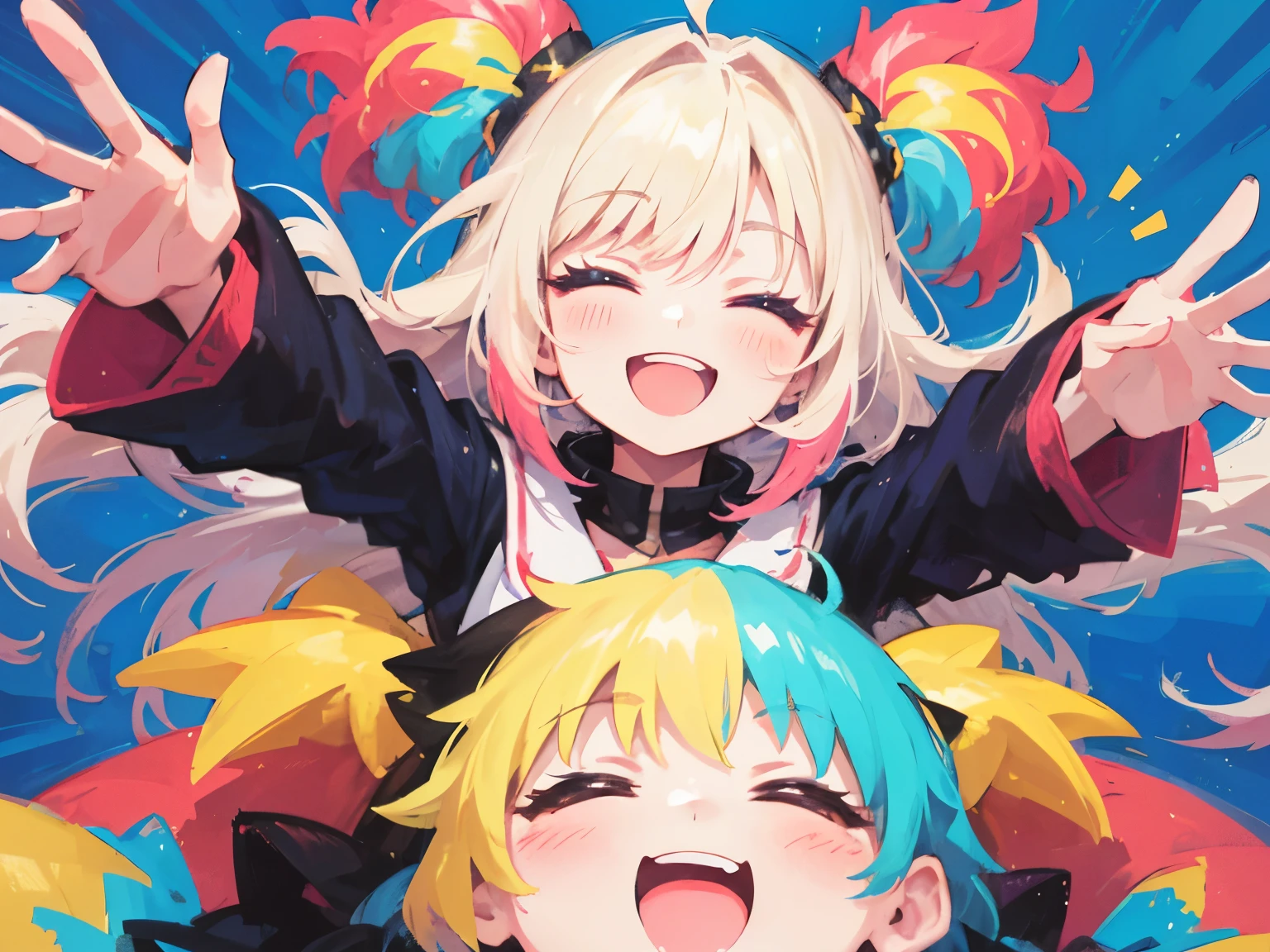 A 2D anime-style digital illustration of a cute young woman laughing joyfully with her eyes closed. She has a big, genuine smile, soft features, and an expressive, cheerful pose. Her hair flows naturally as she laughs, and the background is bright and colorful to emphasize happiness. The art should look like a modern anime character, vibrant and heartwarming.