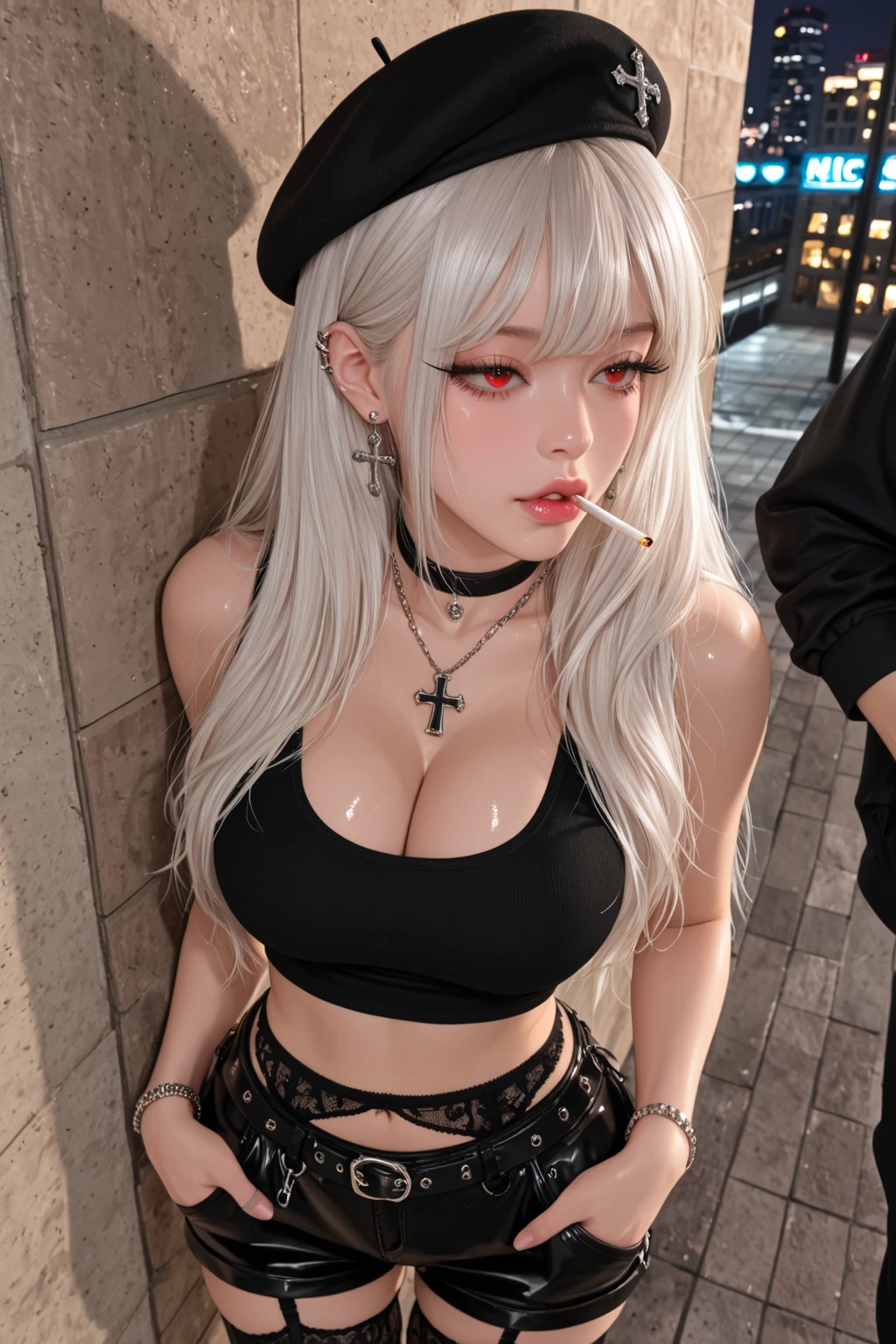 Beautiful girl, Korean makeup, Red lips, smile, Platinum hair, medium chest, medium body, leather corset, leather leggings, Scenery around the top of the hill, background mode village, nude ,show tits,suck a cock ,on street,deep her throat,fill a dick in her mouth