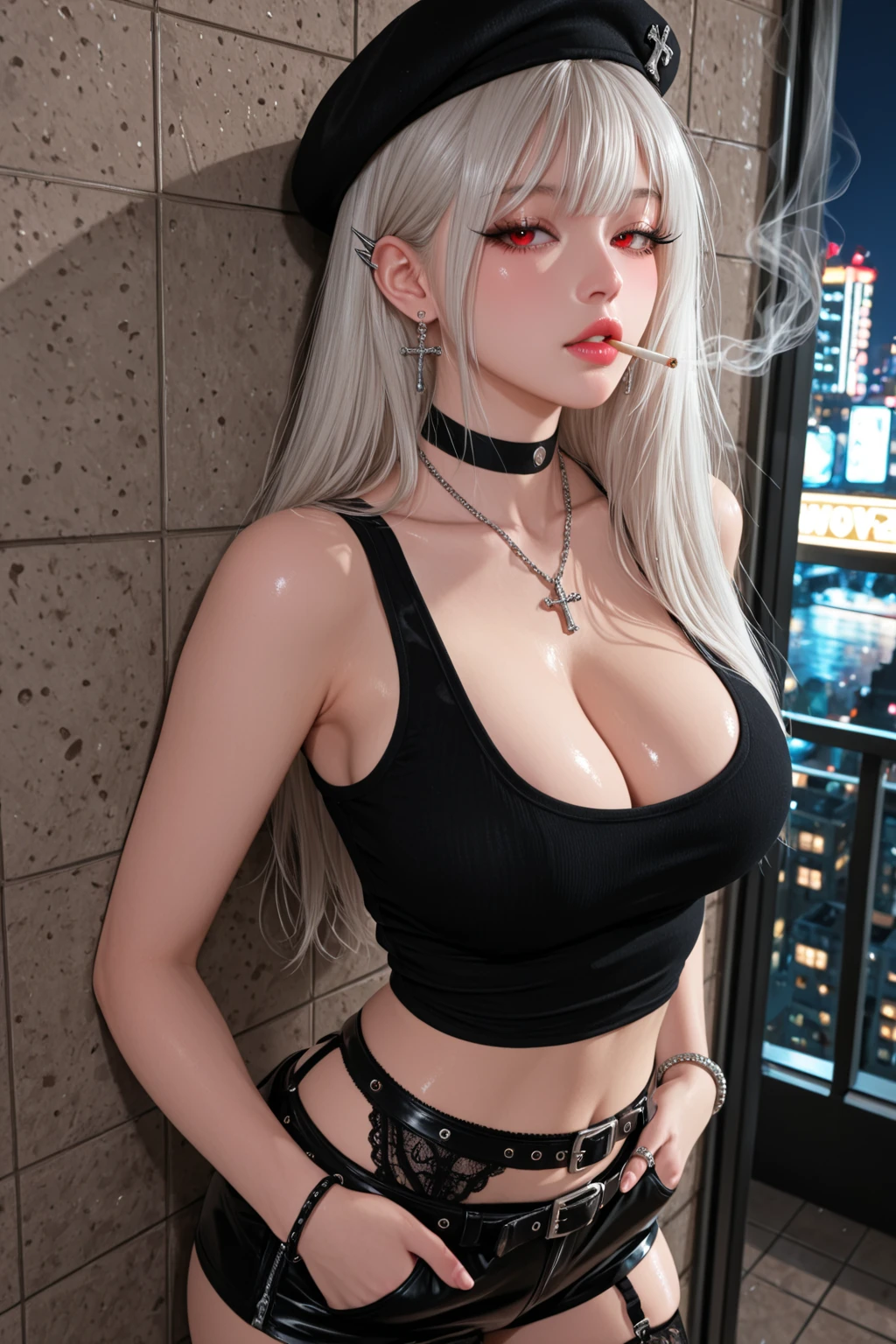 Beautiful female college student in the city,masterpiece,light makeup,Red Lip,Silver Hair,Disheveled long hair,Street Background,Grace,grace。Ultra-fine detailasterpieces,Authentic texture,Realism in film lighting,Perfect piece,8k,KHD,Delicate facial features,White skinny turtleneck top,Slim figure,Big bright eyes,Smooth skin,ear discharge,Choker Necklace,(((He has many tattoos all over his body)), (((Tight waist))), ((Big Breasts)),((See-through)),panties,Berry Shorts