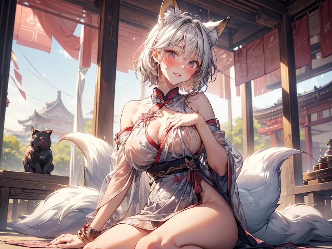 masterpiece, high resolution, high quality, NSFW, white kimono, big breasts, seduction, cat ears, floral pattern, yellow eyes, gray hair, twin tails,