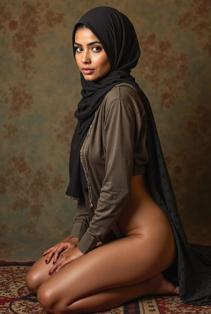 RAW photo,dark,moody,35mm focal lenght,underexposed,cold,candid photograph,artistic,full body,photo of a beautiful,influencer,30yo Arab woman,hijab,detailed skin,naked, looking at viewer, thick body structure,grey background,no background, candid pose,dim room,blue light, film grain, kodak color, instagram LUT