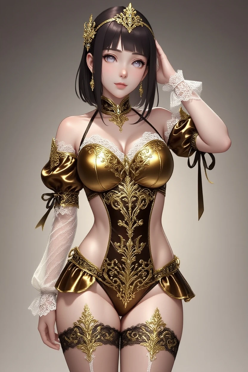 (masterpiece, best quality), 1girl, beautiful face, beautiful body, <lora:GAME_Archeage_ownwaifu:1> GAME_Archeage_ownwaifu,www.ownwaifu.com, black hair,breasts,lips,short hair,medium breasts,bangs,blue eyes,blunt bangs,braid,hair bun, cleavage,hair ornament,armor,thighhighs,dress,shoulder armor,black dress,earrings,jewelry,lace,long sleeves,