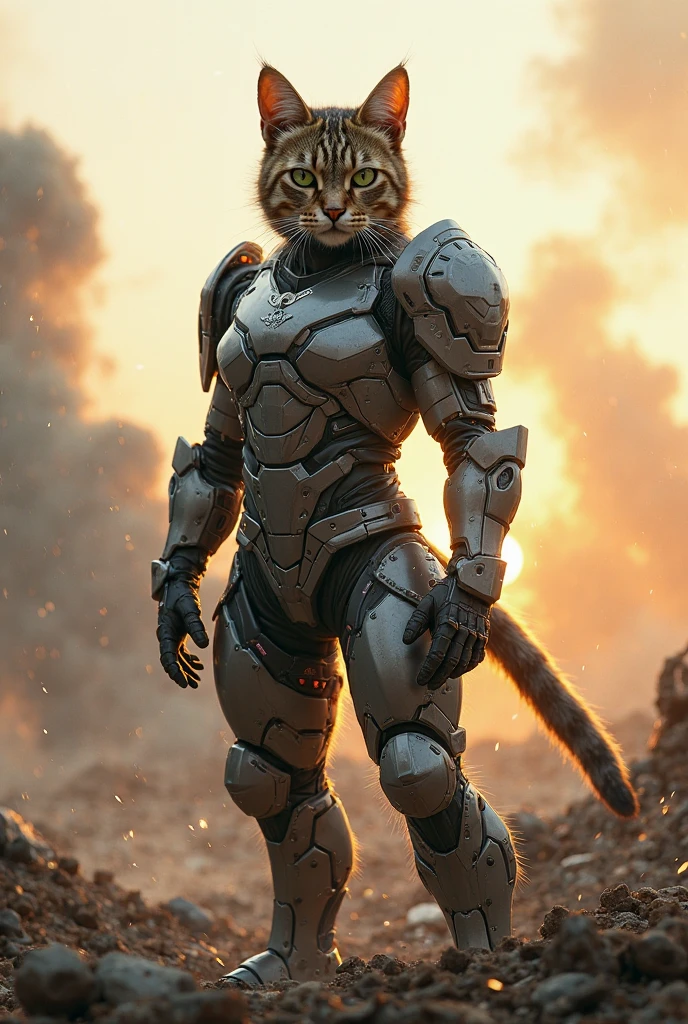 small, There are no humans in this world、The world of anthropomorphized cats、Wearing a full Iron Man suit、Iron Man Mark 1、prototype、The arc reactor emits blue light、desert、かわいいbornき物全身, Costumes,、 Fantasy art, Exquisite detail, An anthropomorphic, fat, furry tabby kitten with yellow eyes, Movie Scenes, Dramatic shot angles, , Realistic, born々Amazing cinematic photorealism, Action Portrait, 8K, detailed, Full Frame
