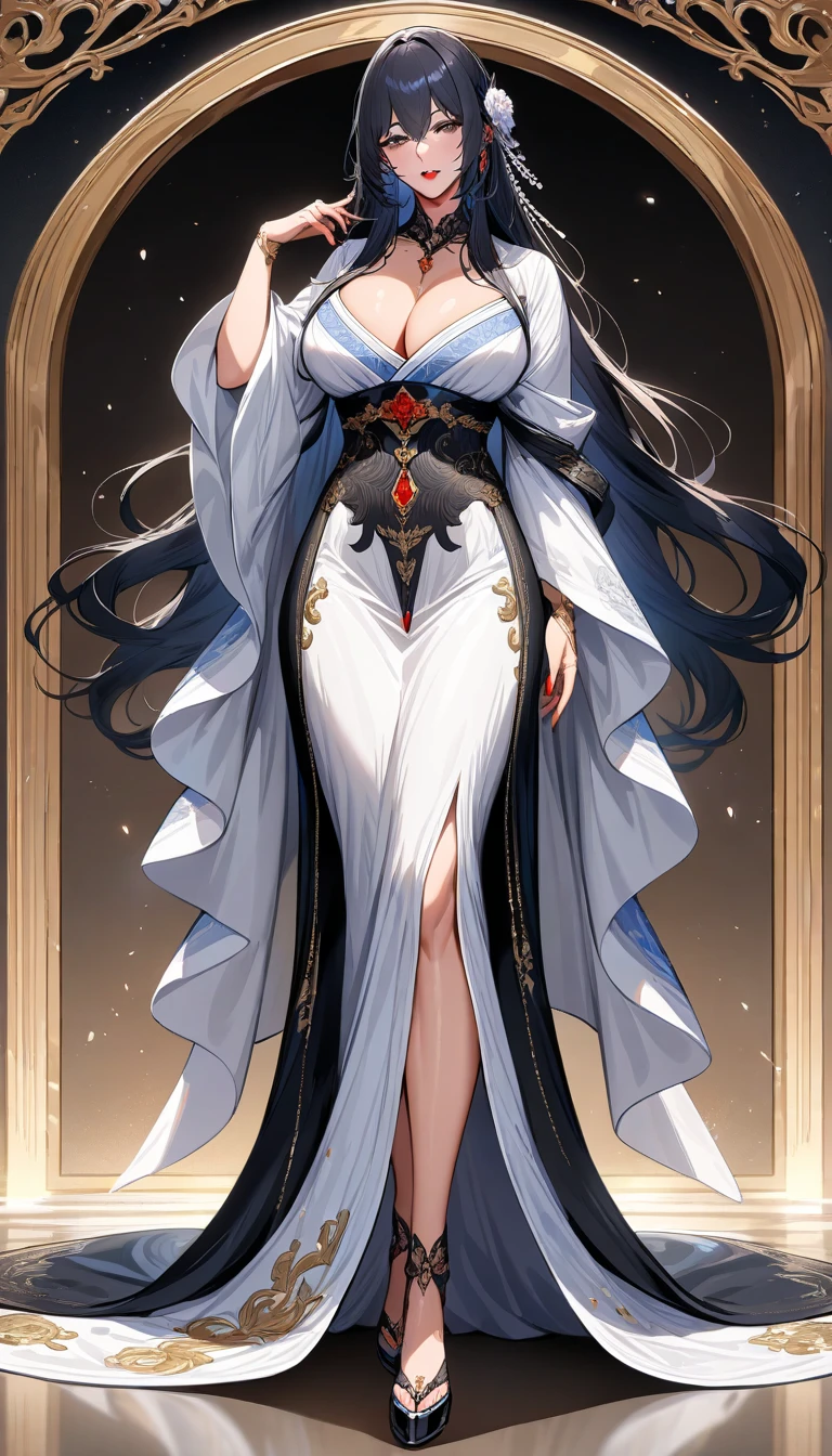 An adult tall woman, a war goddess, black hair with gray streaks, high ponytail, purple eyes, divine light, open white clothes, indifferent gaze, lipstick, dragon horns and tail, spears, reference, full height, phoenix